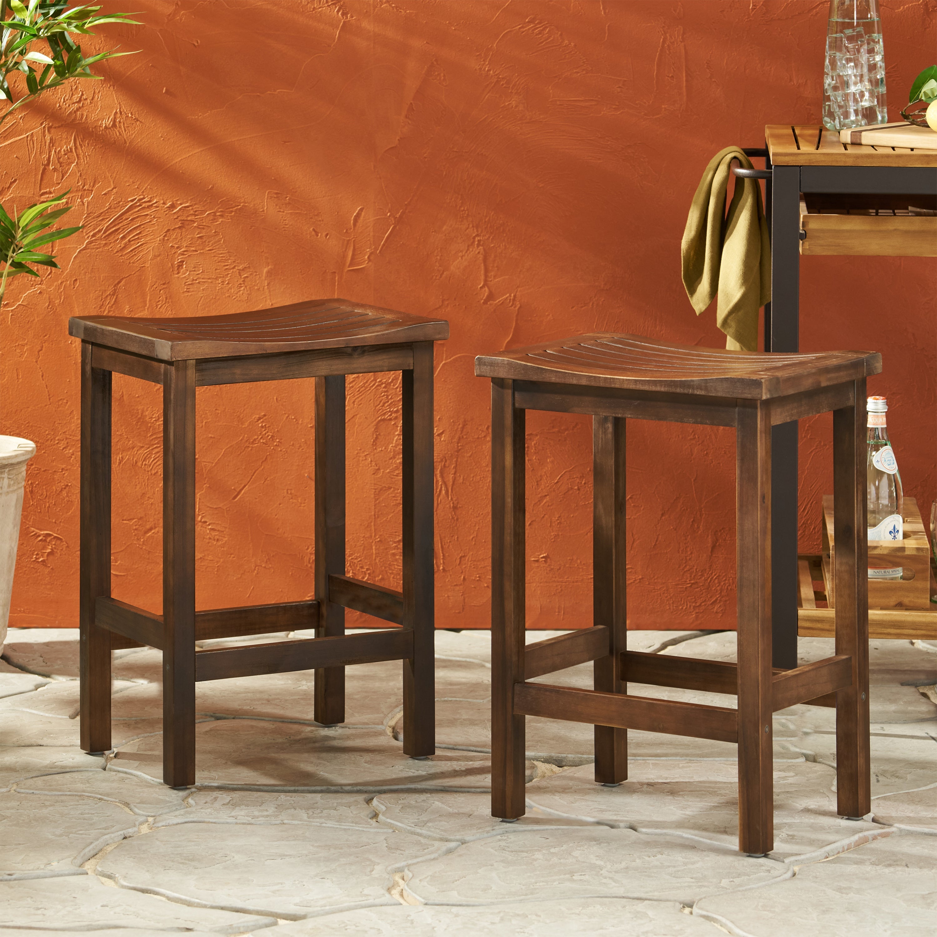 Mahogany Brown Outdoor Acacia Wood Counter Height Barstool, Set of 2