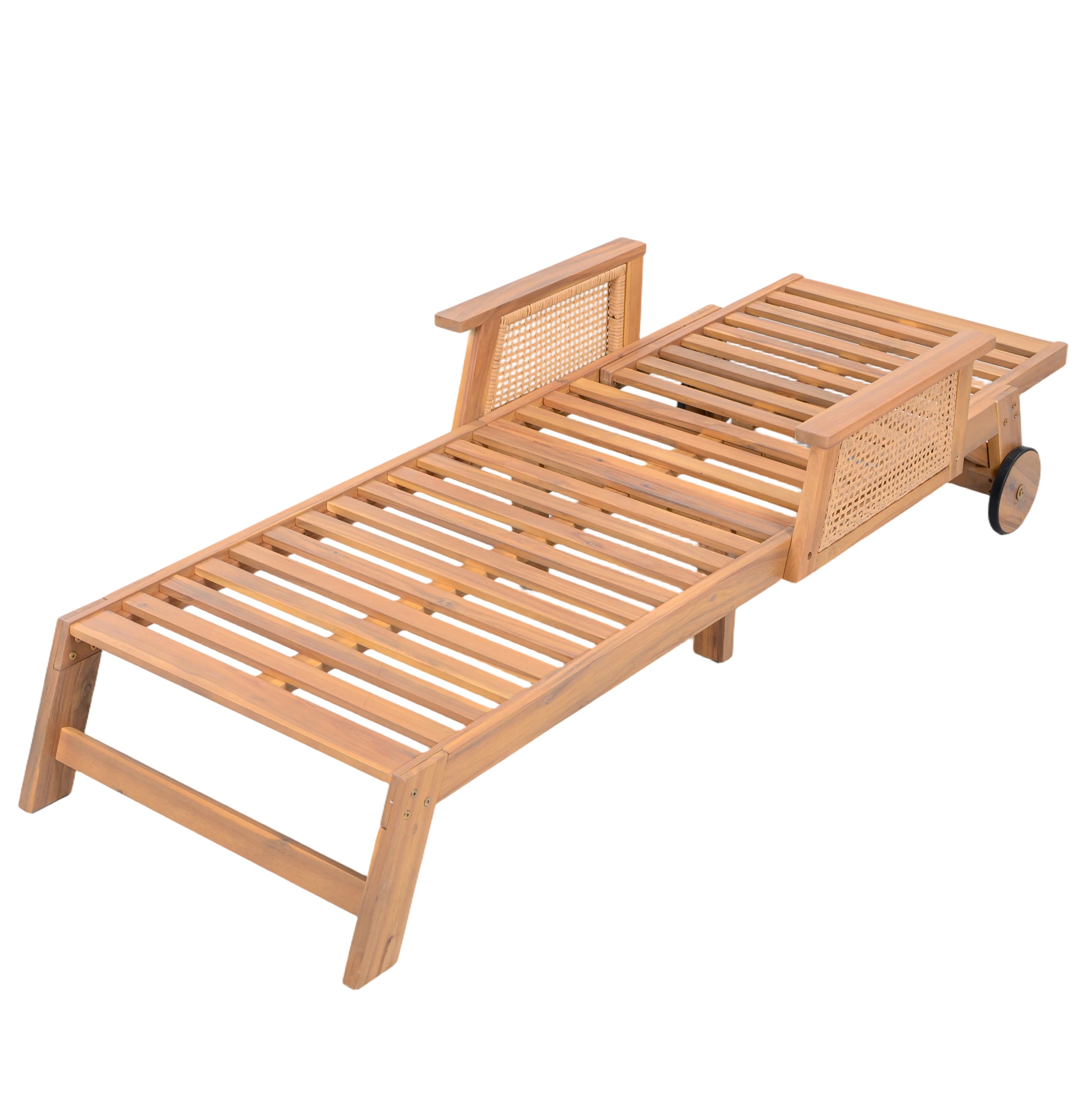 Retro Acacia Wood Outdoor Sunlounge with Wheels & 3-Position Backrest