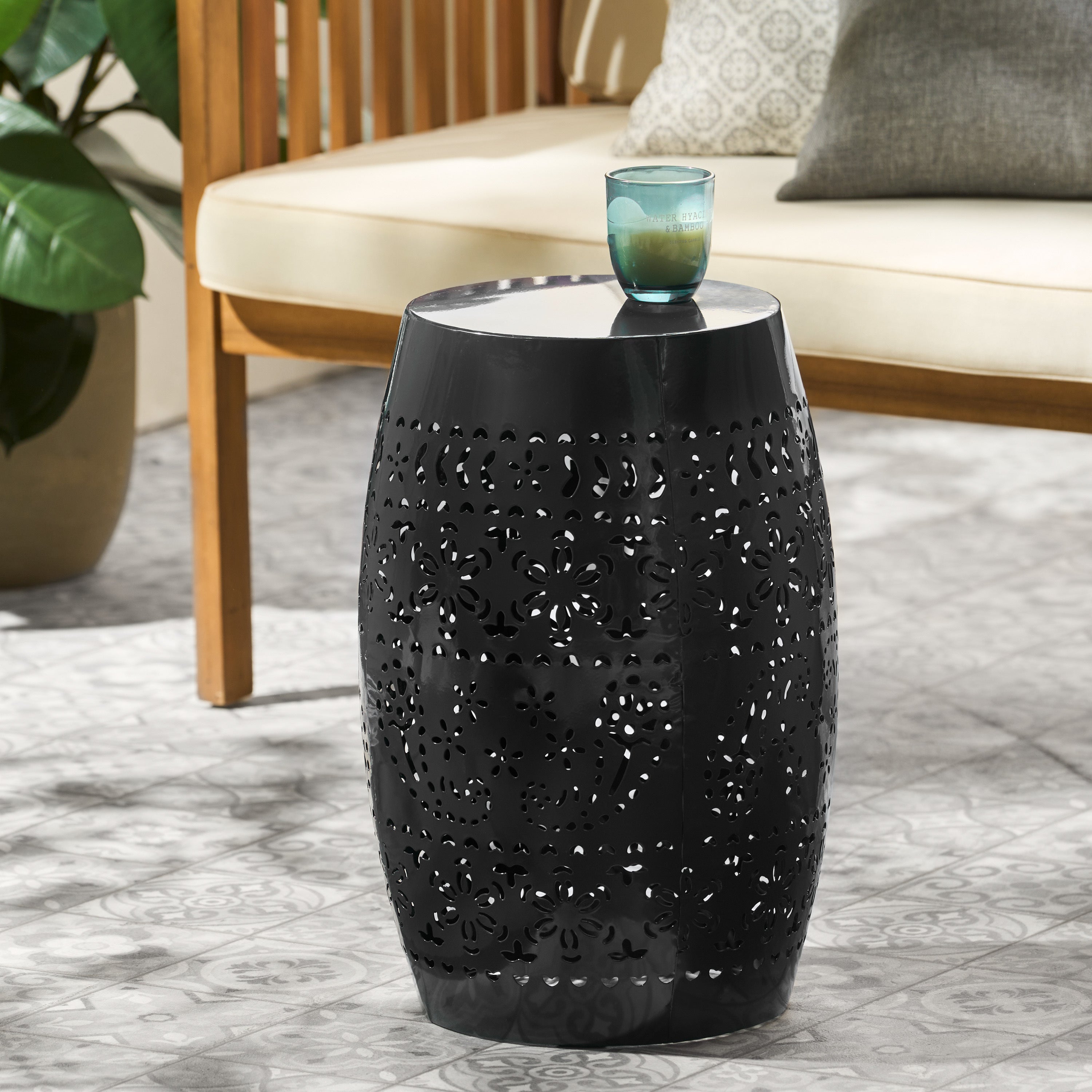 Ruby Outdoor Metal Lace Cutout Accent Table