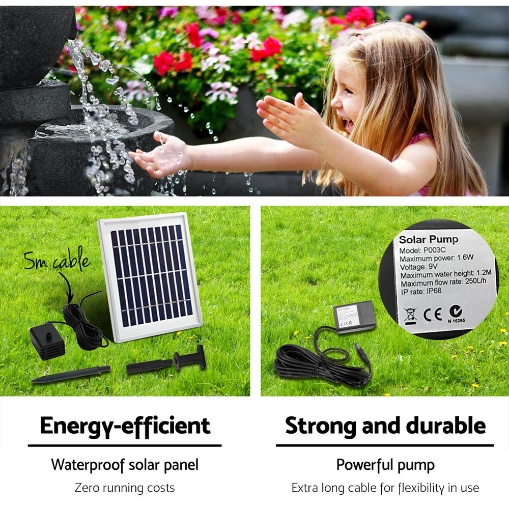 Gardeon Solar Water Feature Cascading Fountain 3-Tier Bowl LED Lights