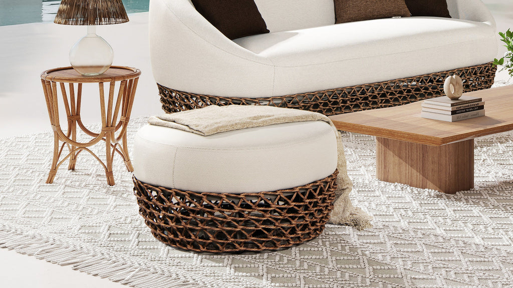 Willow Round Wicker & Upholstered Patio Ottoman