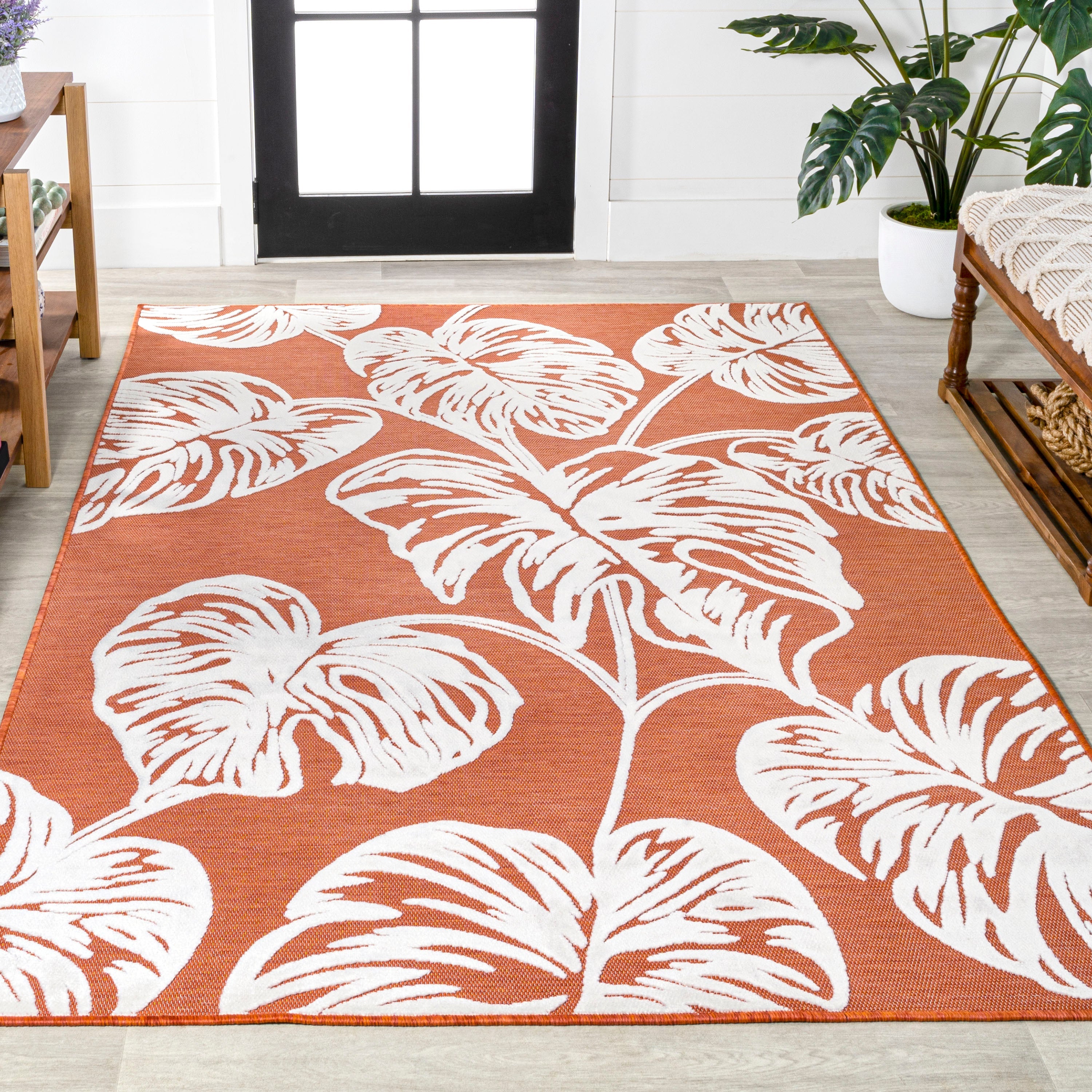 Tobago High-Low Two-Tone Monstera Leaf Indoor/Outdoor Area Rug