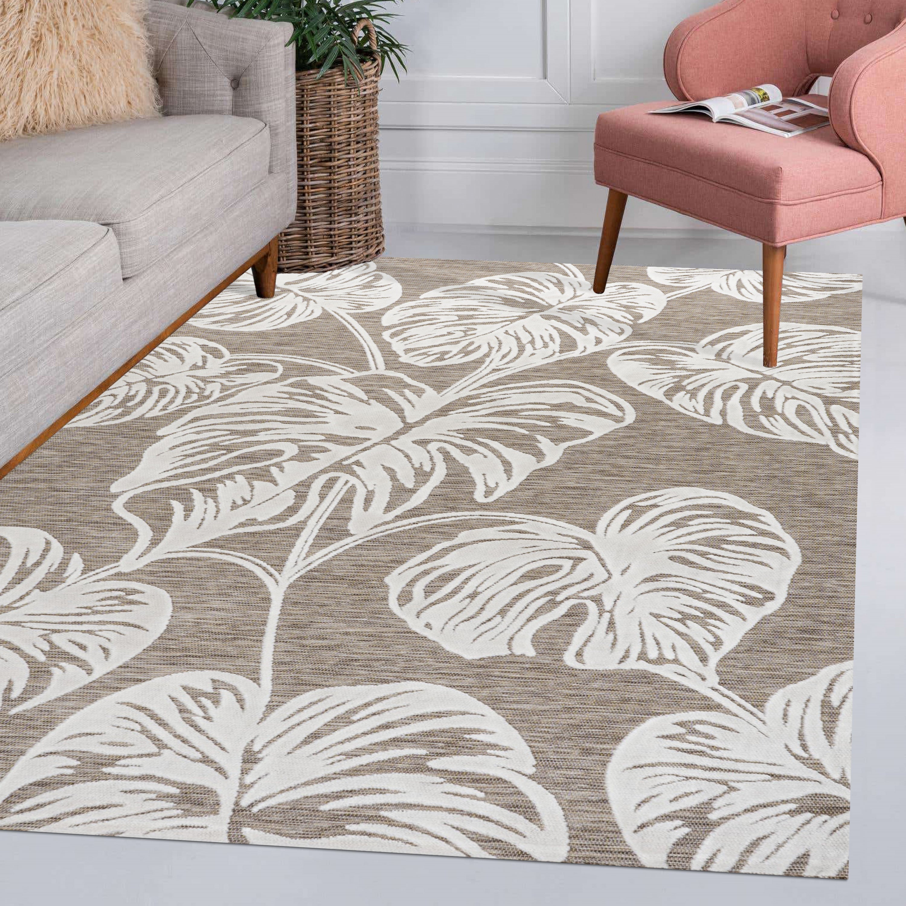 Tobago High-Low Two-Tone Monstera Leaf Indoor/Outdoor Area Rug