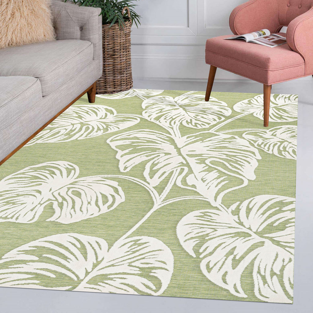 Tobago High-Low Two-Tone Monstera Leaf Indoor/Outdoor Area Rug