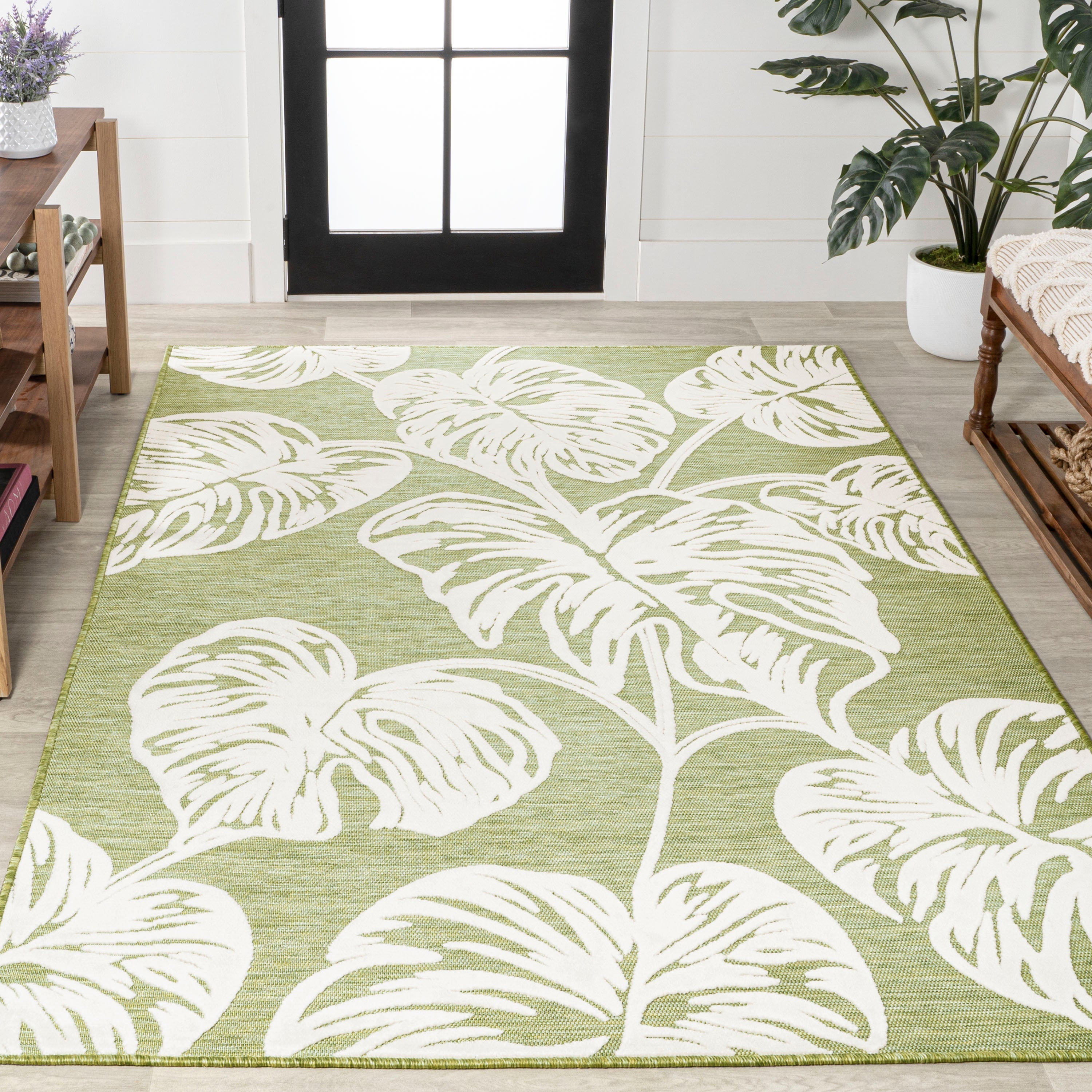 Tobago High-Low Two-Tone Monstera Leaf Indoor/Outdoor Area Rug