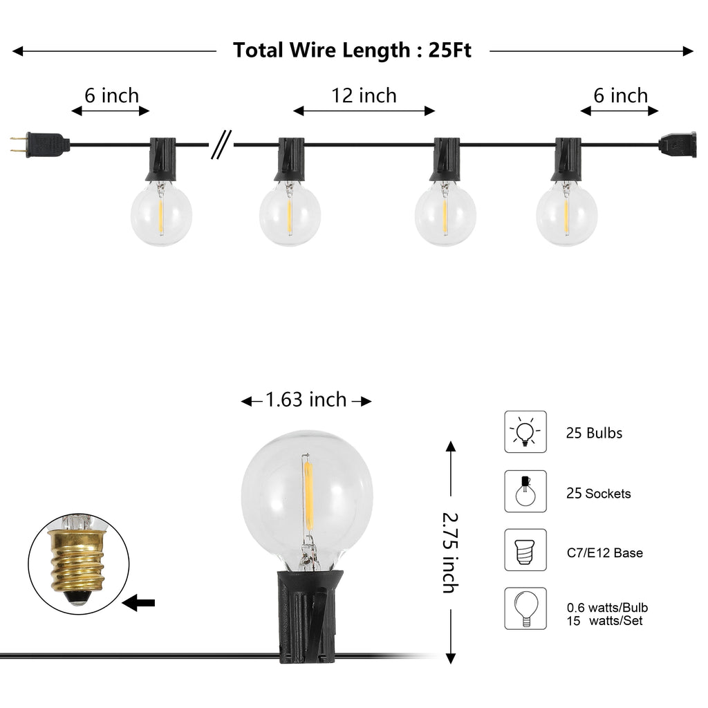 25-Light Indoor/Outdoor 25 ft. Contemporary Rustic Incandescent G40 Bistro Globe Bulb String Lights (Set of 2)