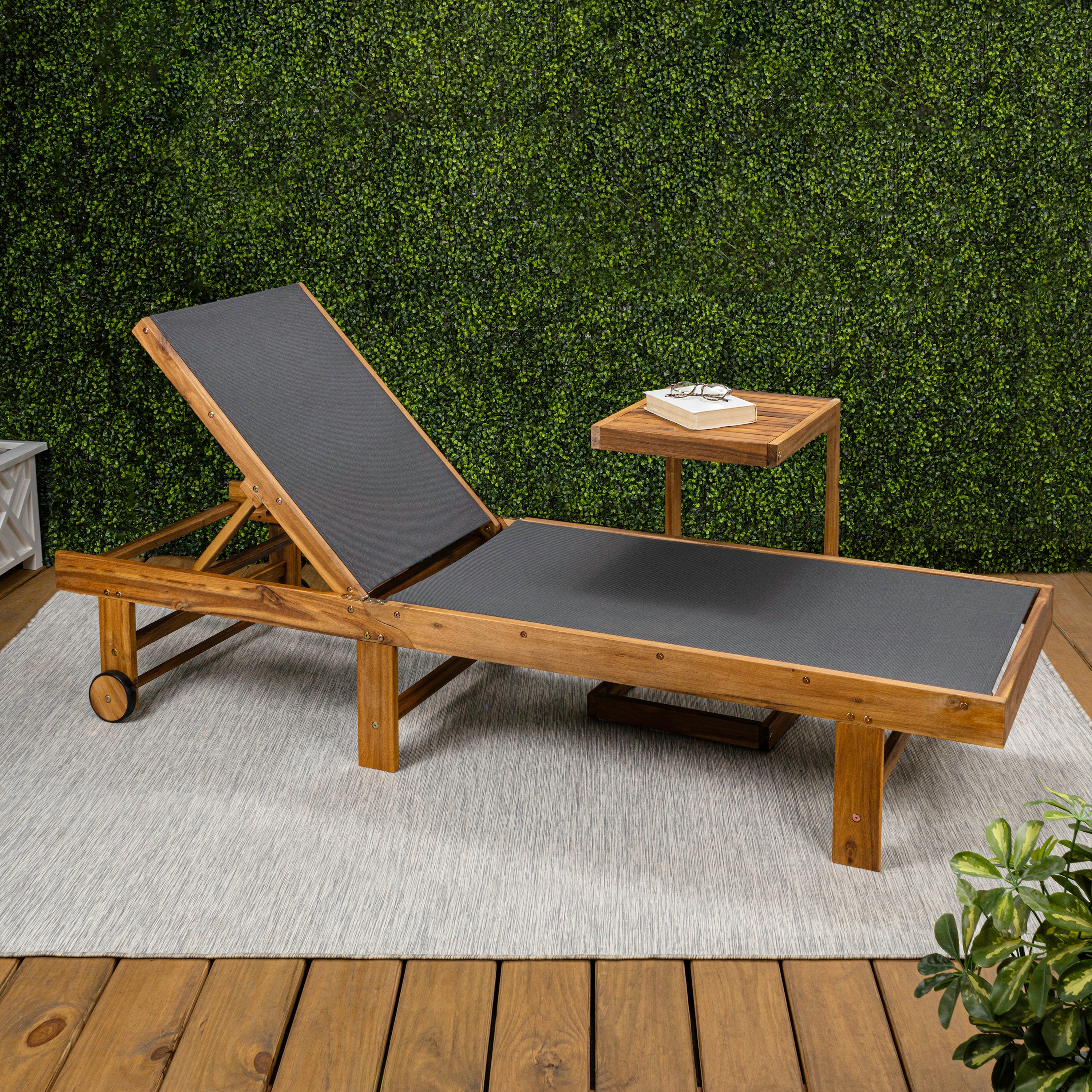 Trabuco Coastal Modern Acacia Wood Mesh 3-Position Outdoor foldable Chaise Lounge Set with Side Table