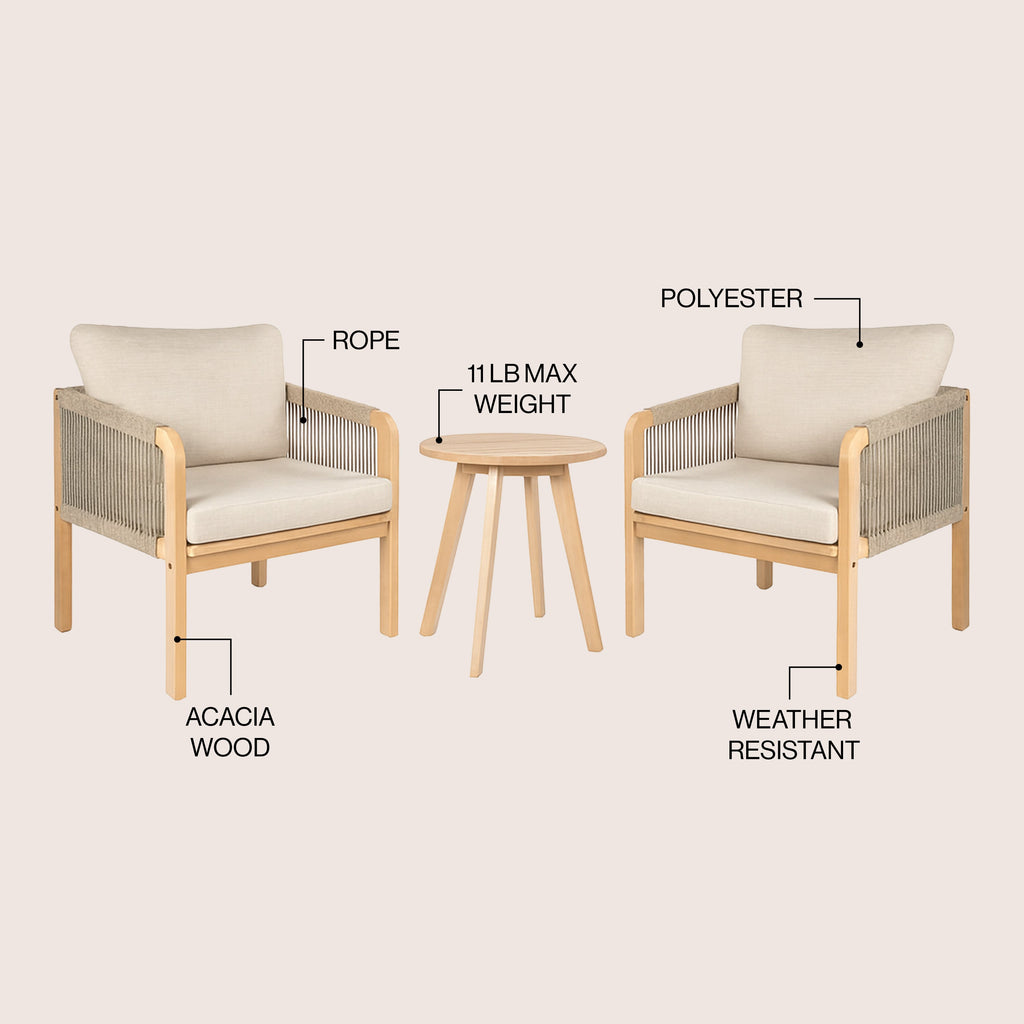Aveiro 3-Piece Modern Bohemian Roped Round Acacia Wood Conversation Outdoor Patio Set with Cushions
