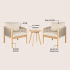 Aveiro 3-Piece Modern Bohemian Roped Round Acacia Wood Conversation Outdoor Patio Set with Cushions