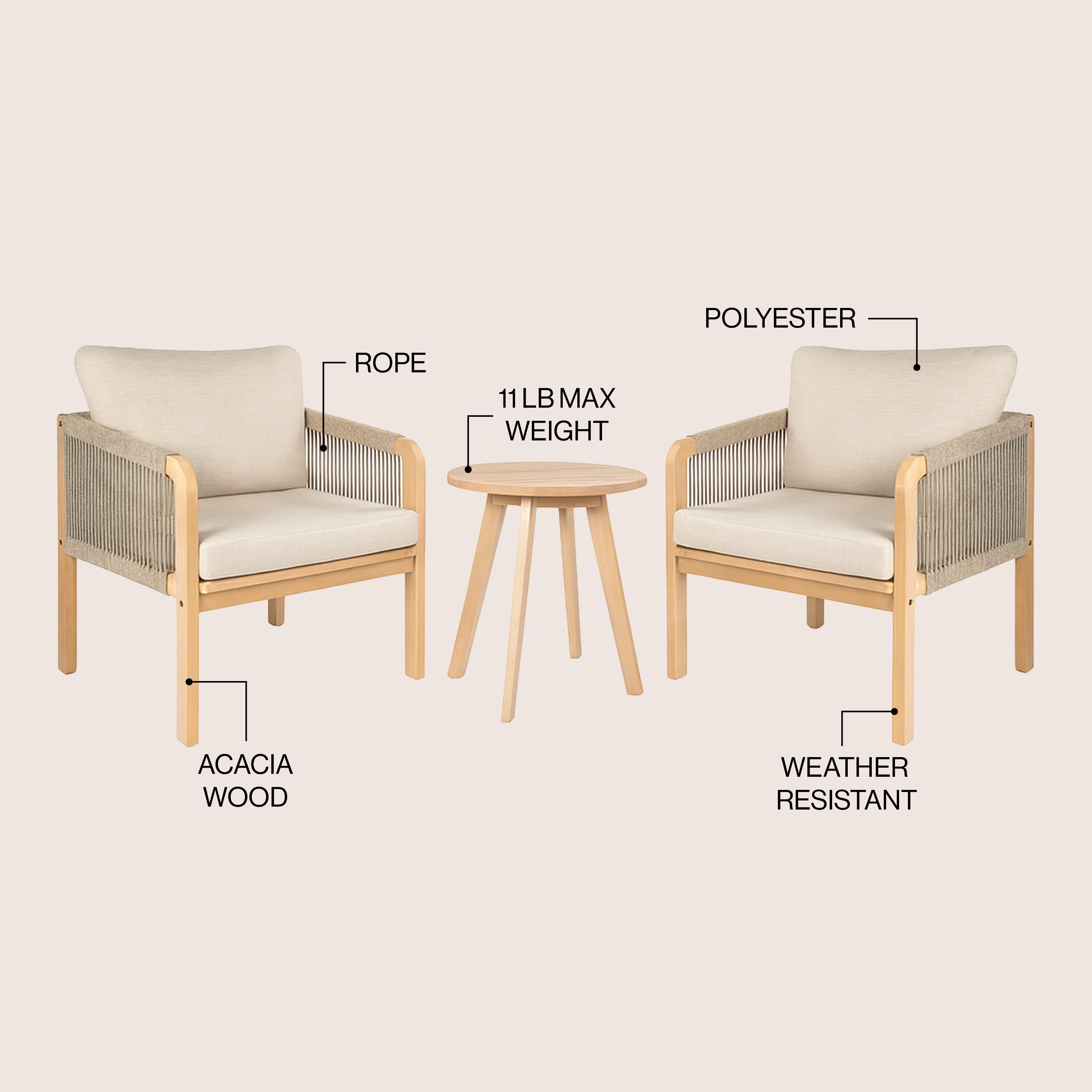 Aveiro 3-Piece Modern Bohemian Roped Round Acacia Wood Conversation Outdoor Patio Set with Cushions