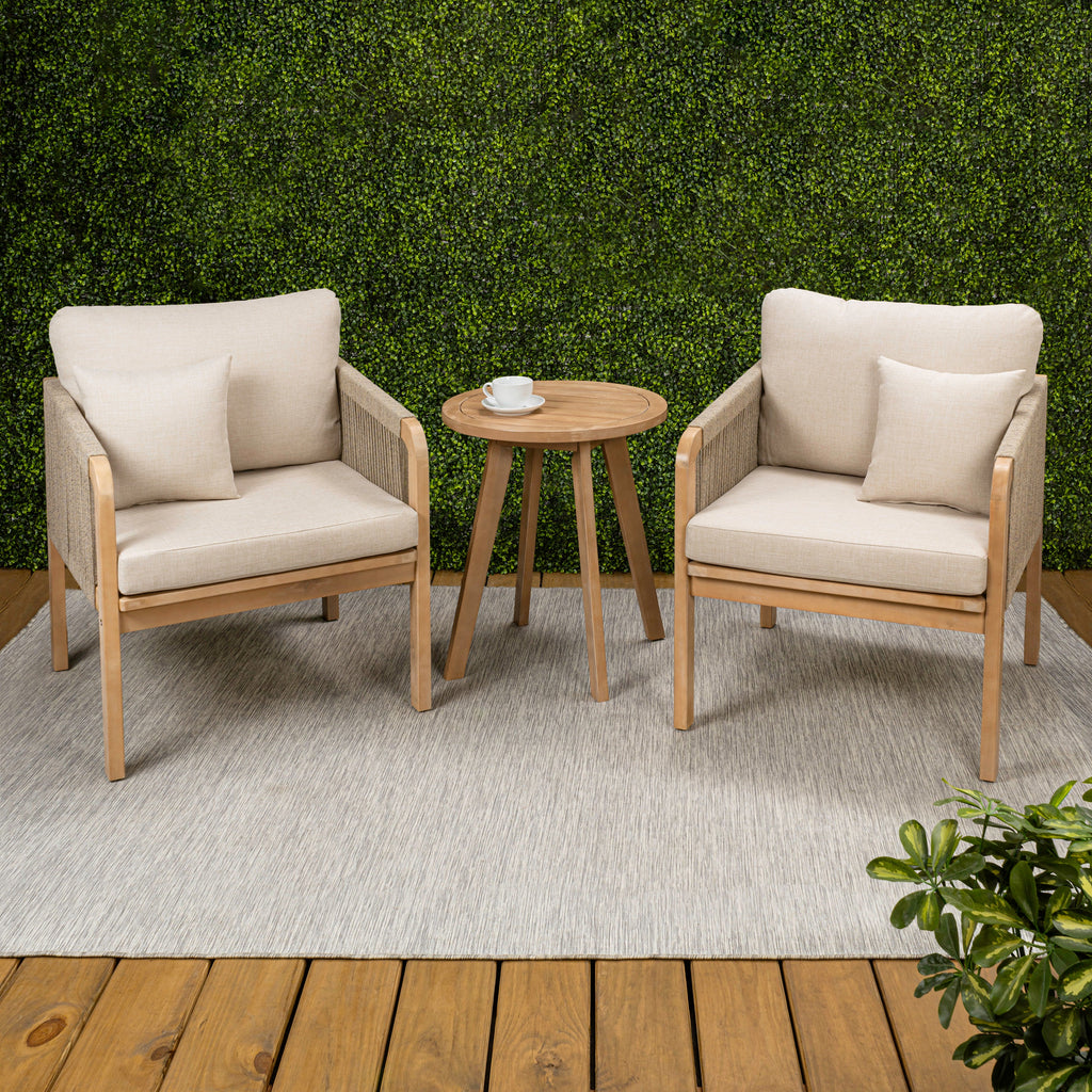 Aveiro 3-Piece Modern Bohemian Roped Round Acacia Wood Conversation Outdoor Patio Set with Cushions