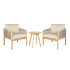 Aveiro 3-Piece Modern Bohemian Roped Round Acacia Wood Conversation Outdoor Patio Set with Cushions