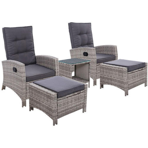 Gardeon 5PC Recliner Chairs Table Sun lounge Wicker Outdoor Furniture