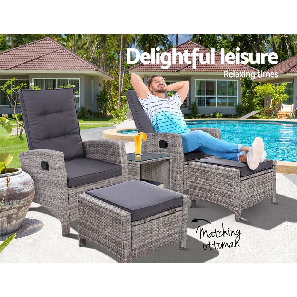 Gardeon 5PC Recliner Chairs Table Sun lounge Wicker Outdoor Furniture