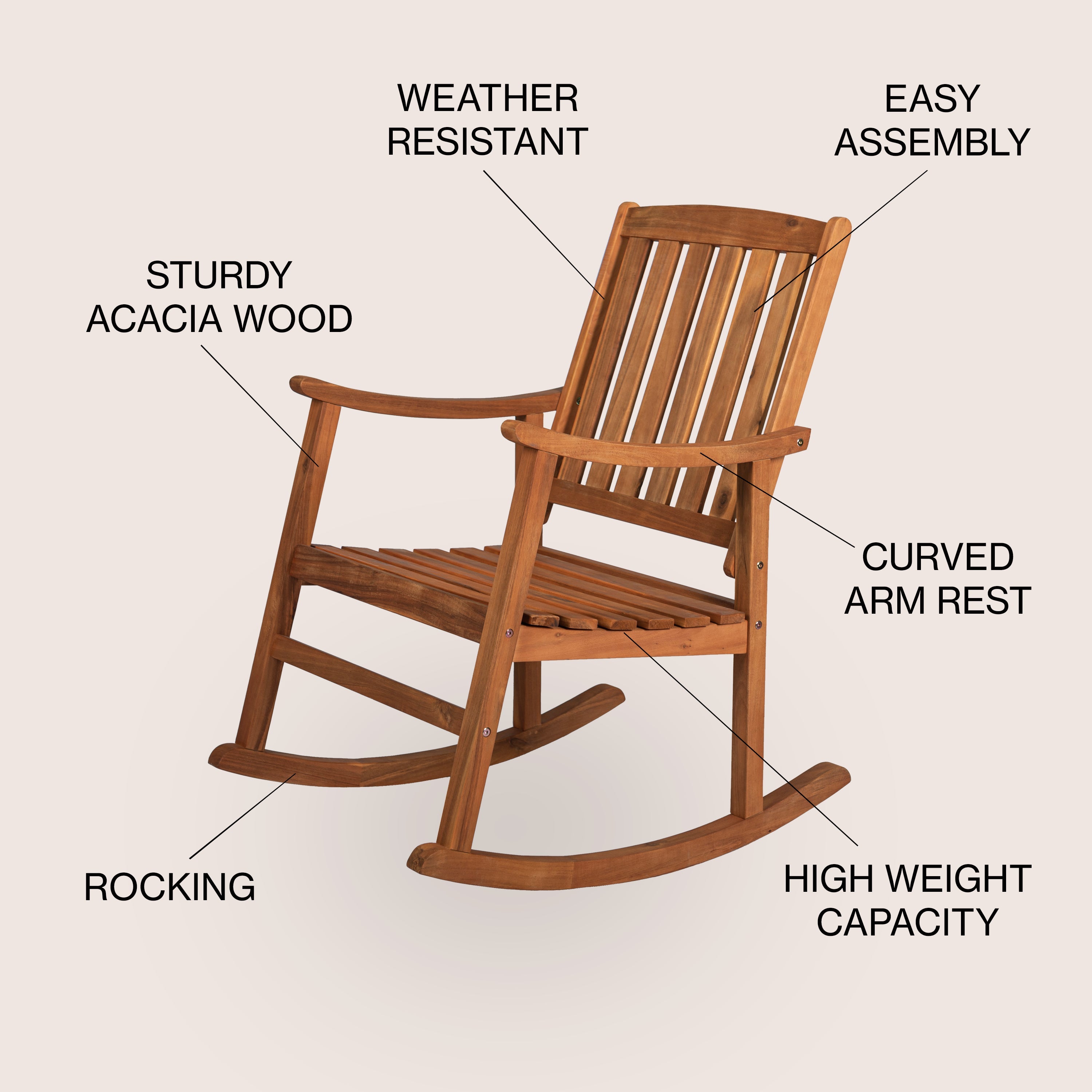 Penny Classic Slat-Back Support Acacia Wood Patio Outdoor Rocking Chair