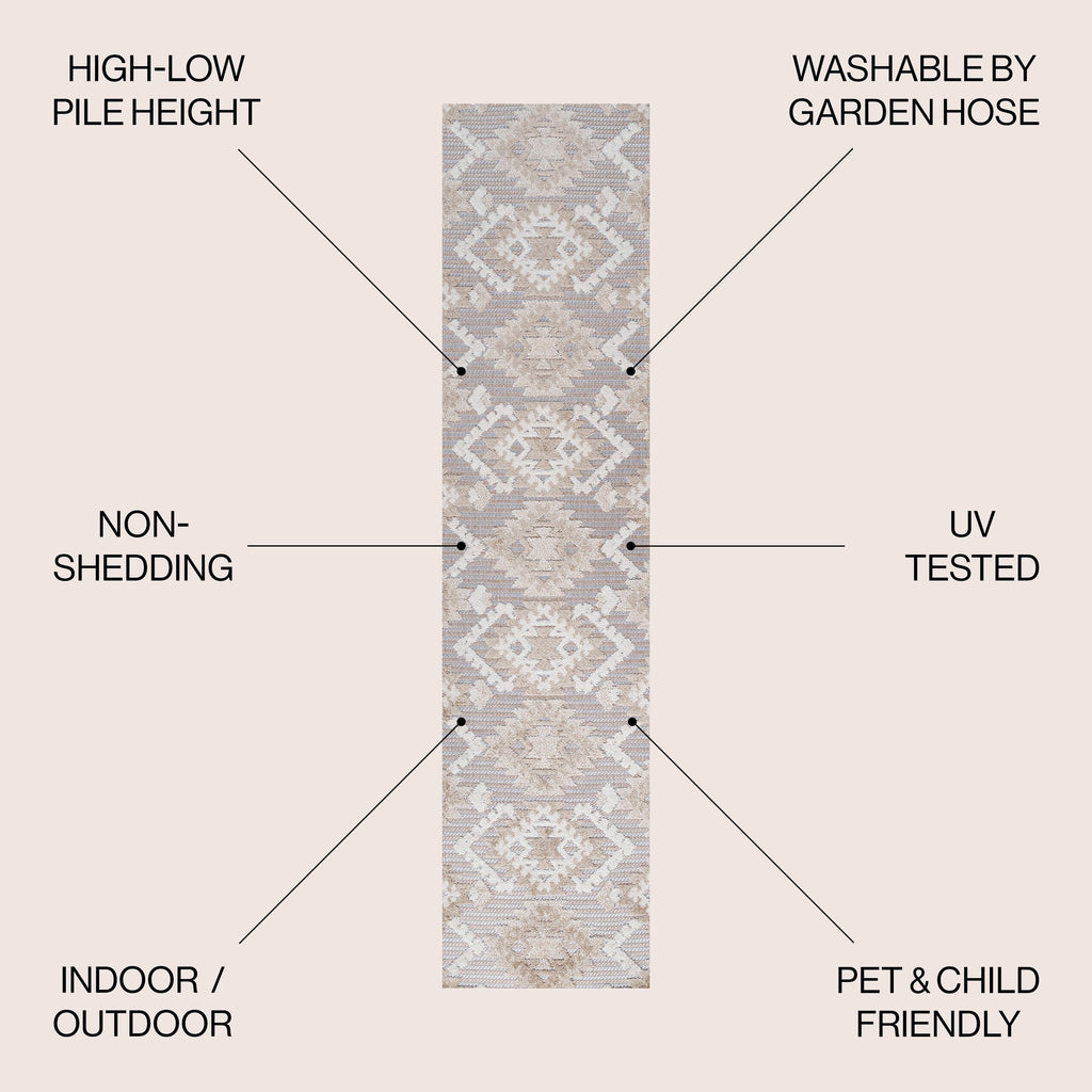 Sumak High-Low Pile Neutral Diamond Kilim Indoor/Outdoor Area Rug