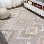 Sumak High-Low Pile Neutral Diamond Kilim Indoor/Outdoor Area Rug