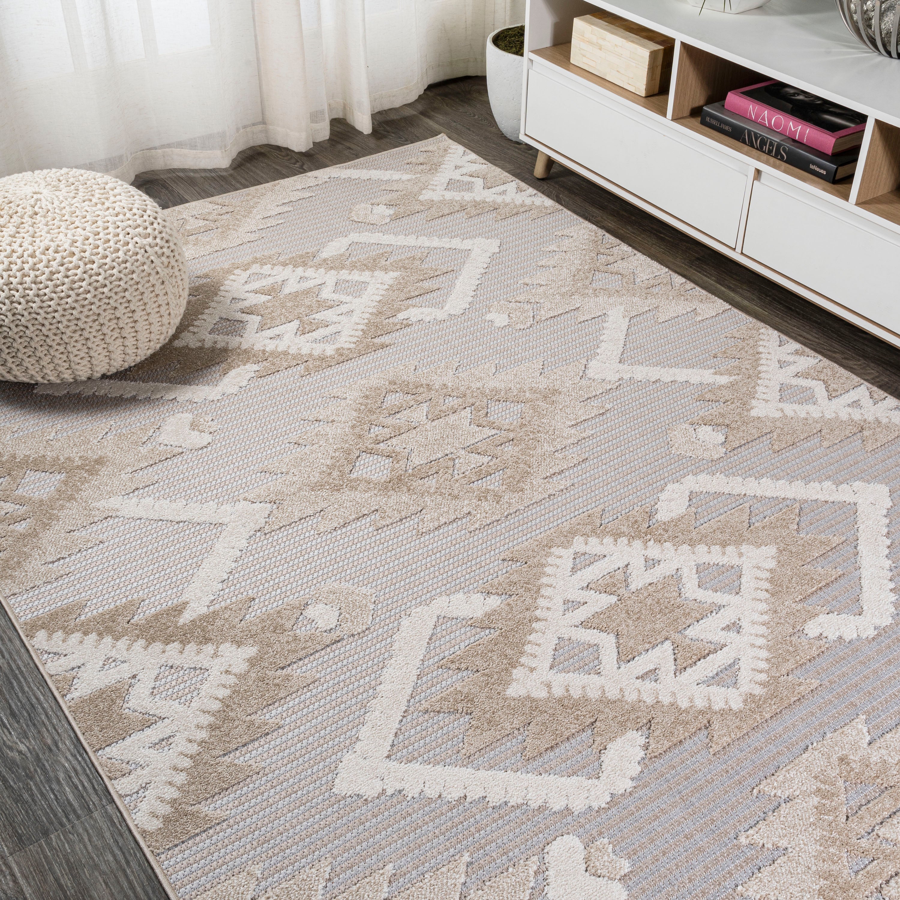 Sumak High-Low Pile Neutral Diamond Kilim Indoor/Outdoor Area Rug