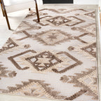 Sumak High-Low Pile Neutral Diamond Kilim Indoor/Outdoor Area Rug