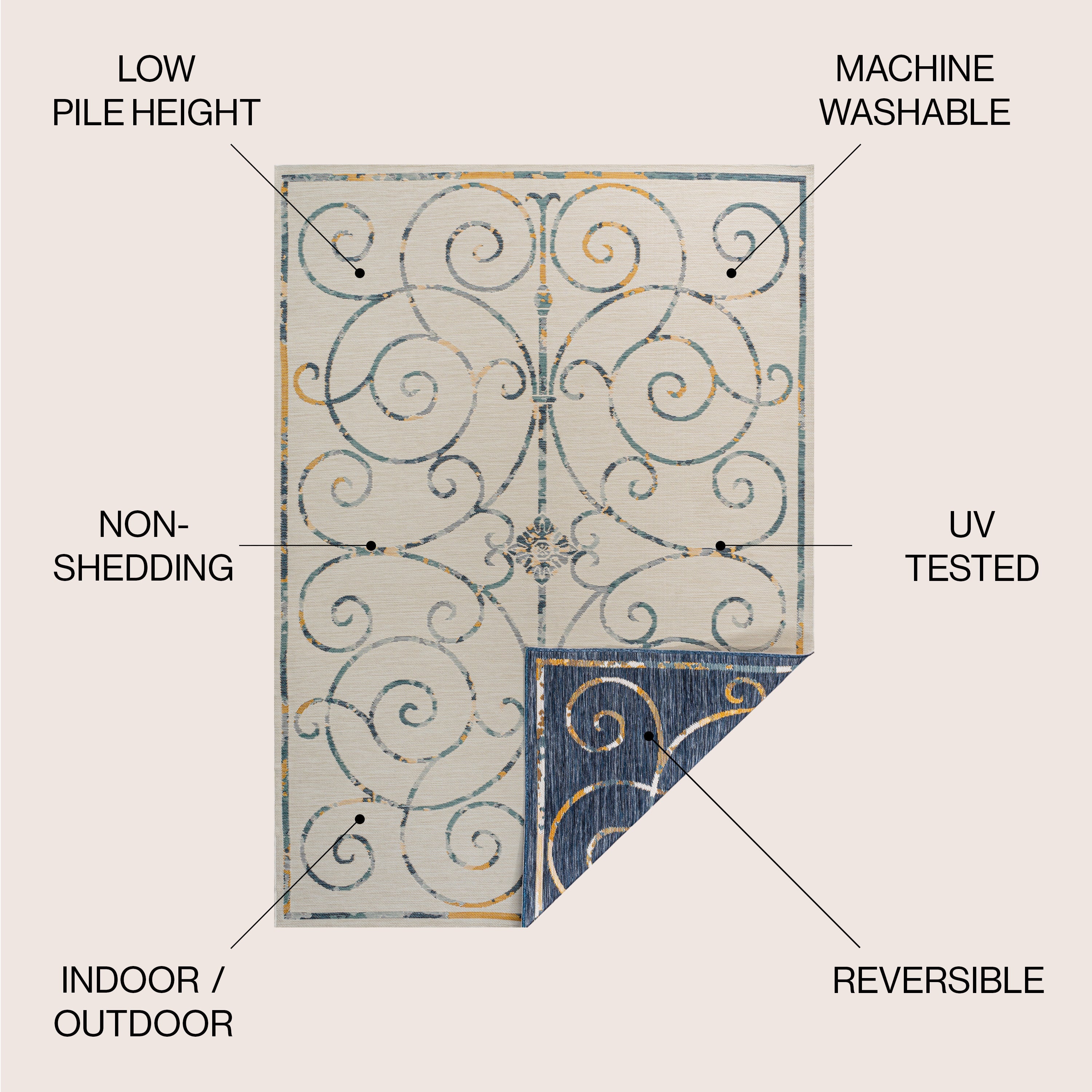 Danae Classic Cottage Filigree Scroll Reversible Machine-Washable Indoor/Outdoor Runner Rug
