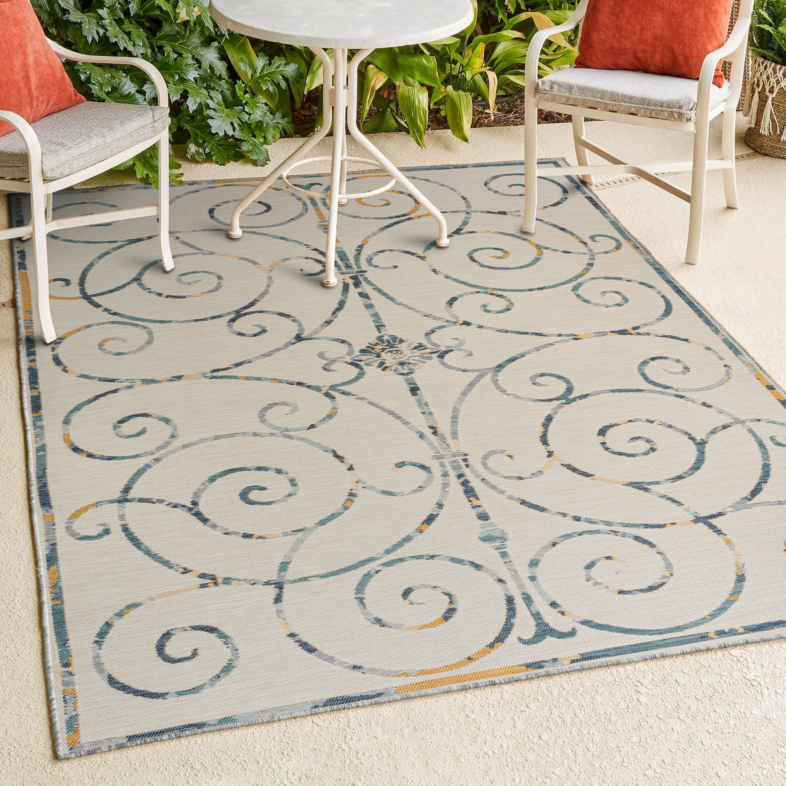 Danae Classic Cottage Filigree Scroll Reversible Machine-Washable Indoor/Outdoor Runner Rug