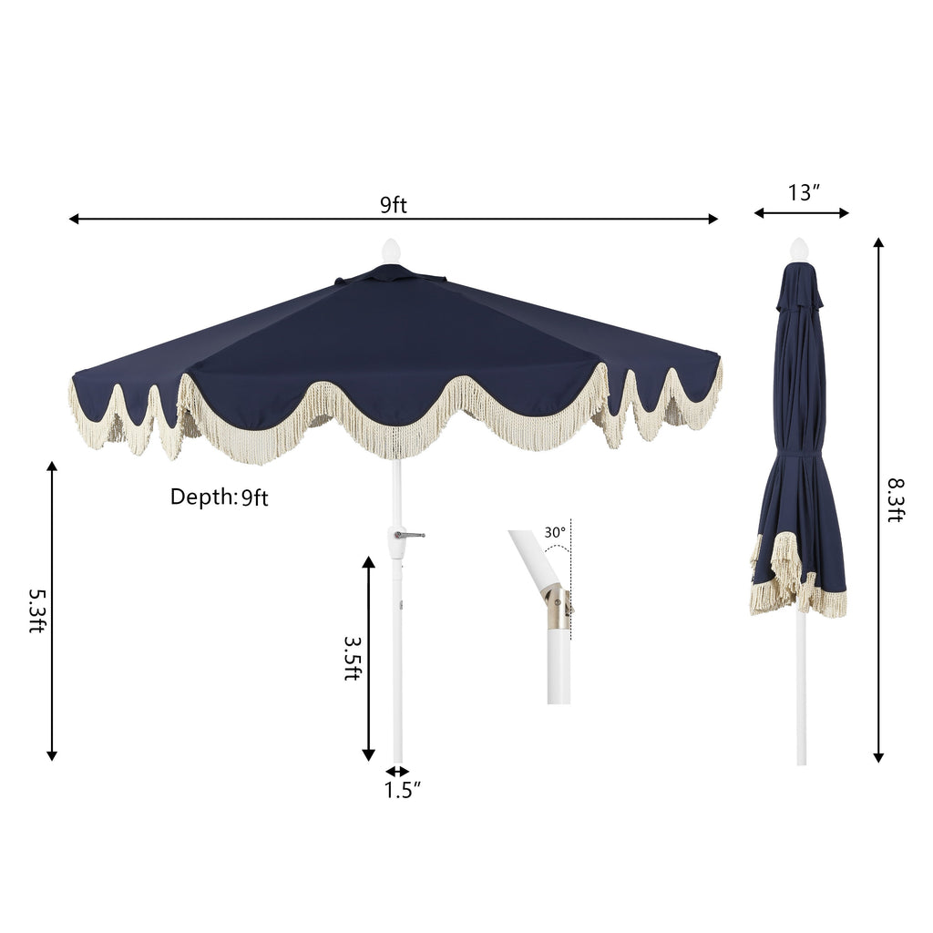 Collins 9 ft. Classic Cottage Fringe Tassel Market Patio Umbrella with Auto-Tilt Crank