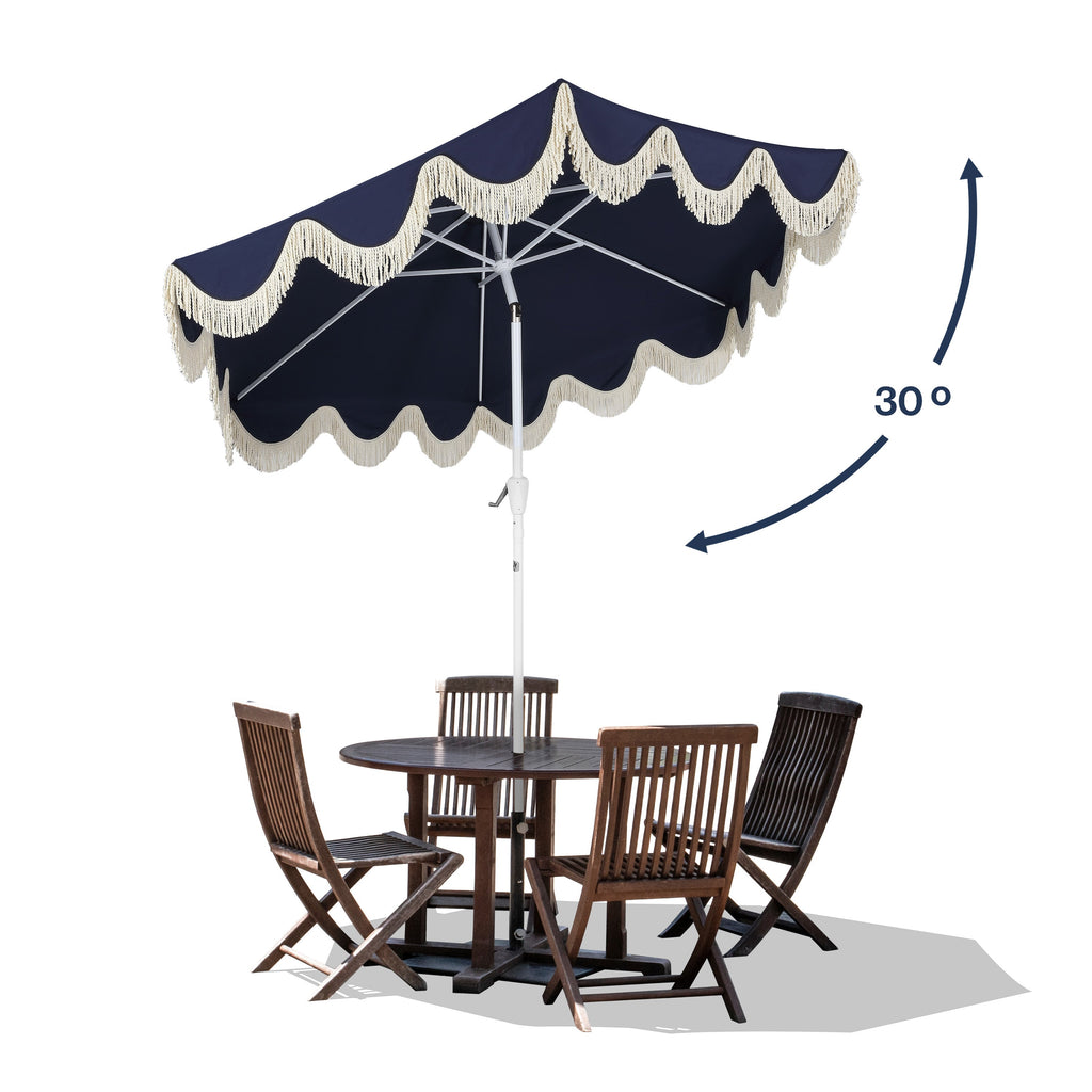 Collins 9 ft. Classic Cottage Fringe Tassel Market Patio Umbrella with Auto-Tilt Crank