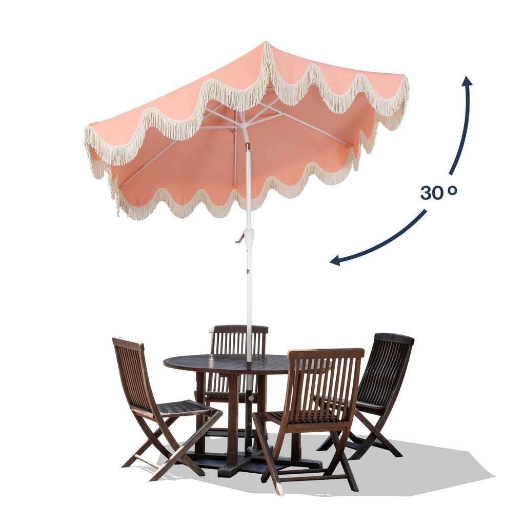 Collins 9 ft. Classic Cottage Fringe Tassel Market Patio Umbrella with Auto-Tilt Crank