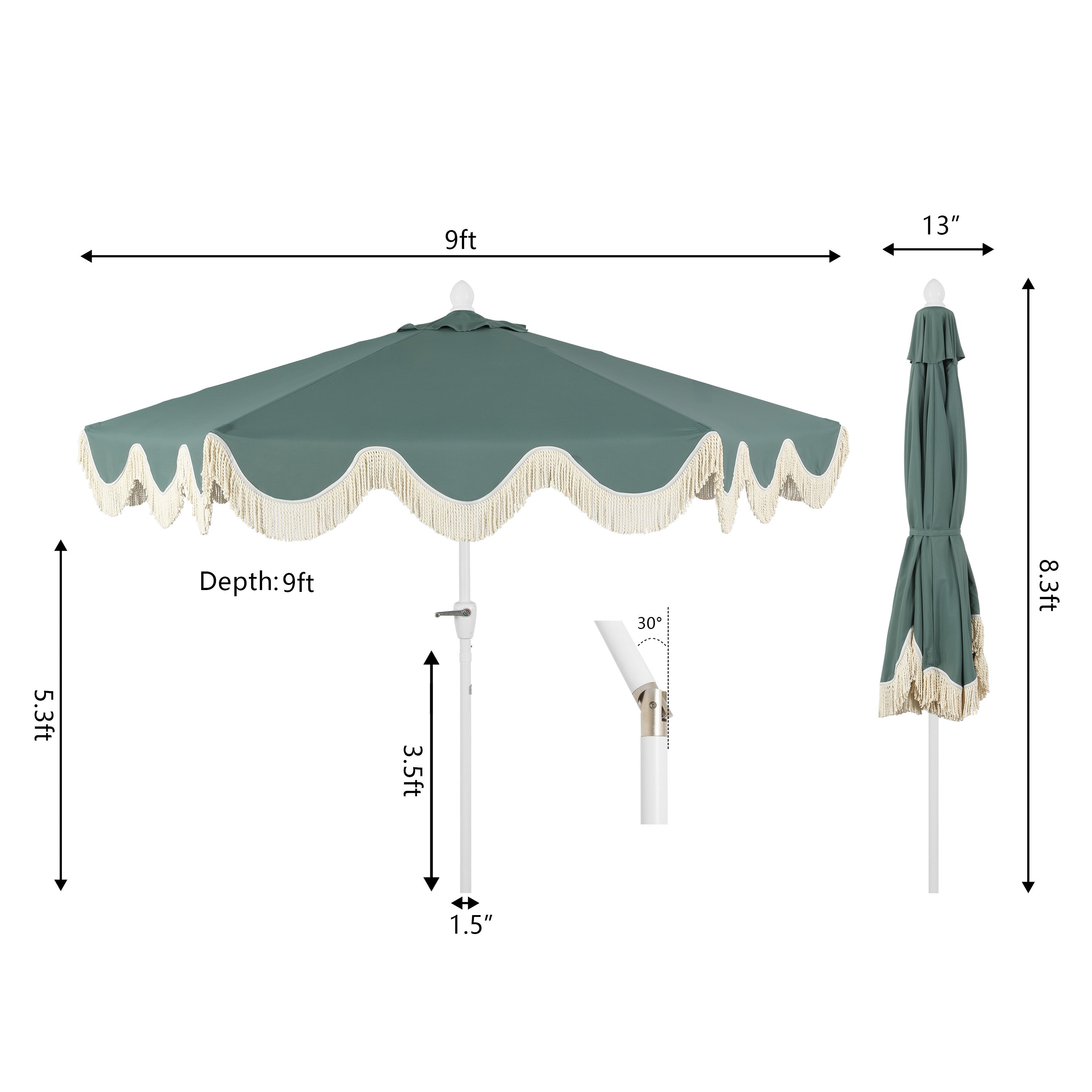 Collins 9 ft. Classic Cottage Fringe Tassel Market Patio Umbrella with Auto-Tilt Crank