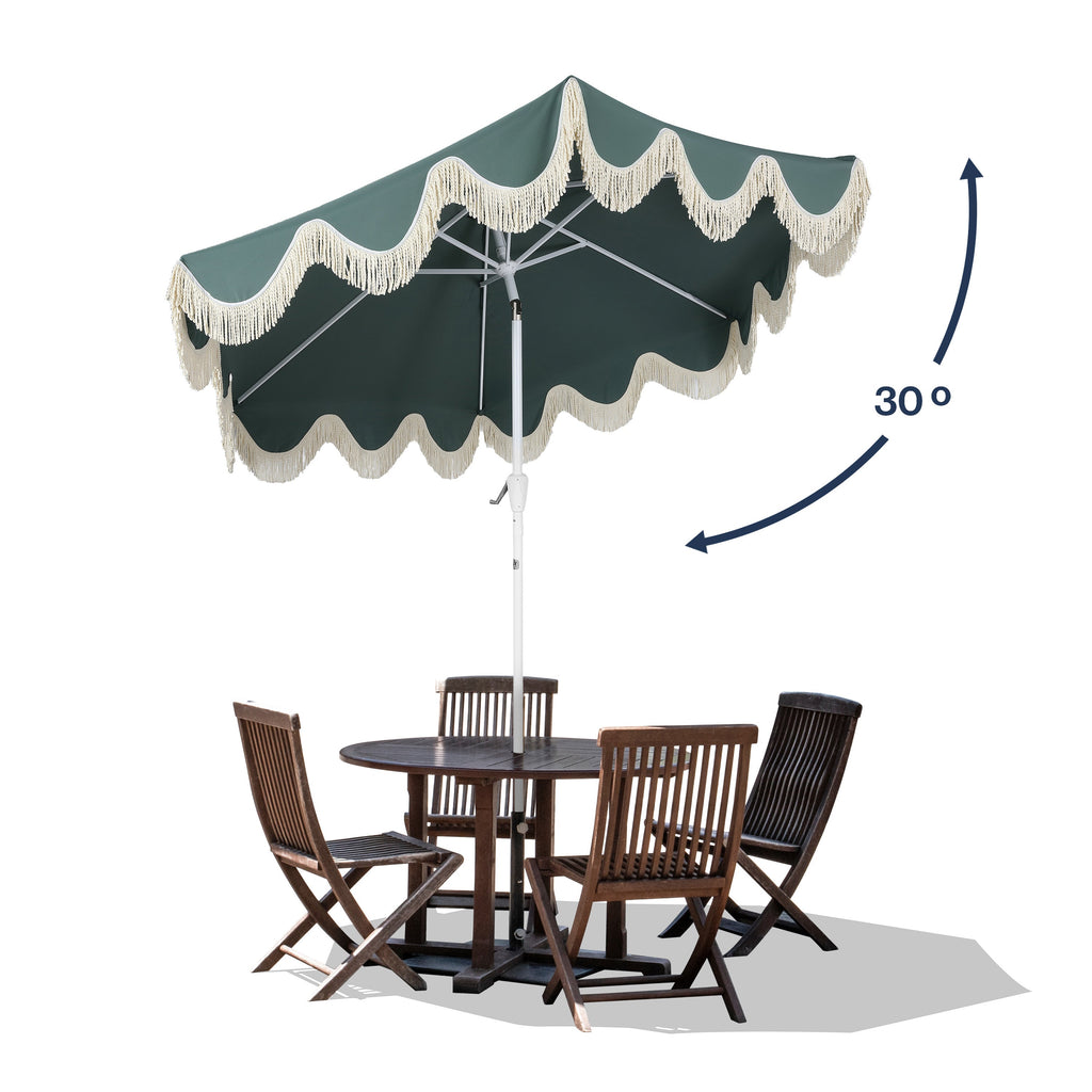 Collins 9 ft. Classic Cottage Fringe Tassel Market Patio Umbrella with Auto-Tilt Crank