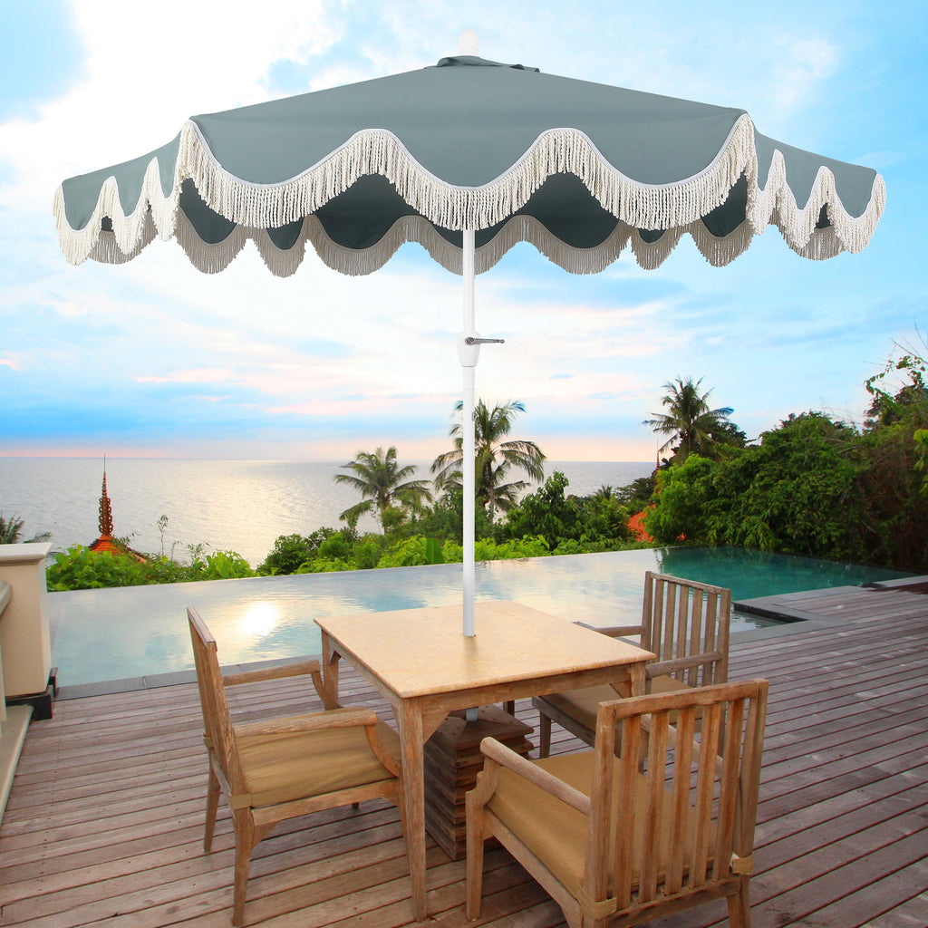 Collins 9 ft. Classic Cottage Fringe Tassel Market Patio Umbrella with Auto-Tilt Crank