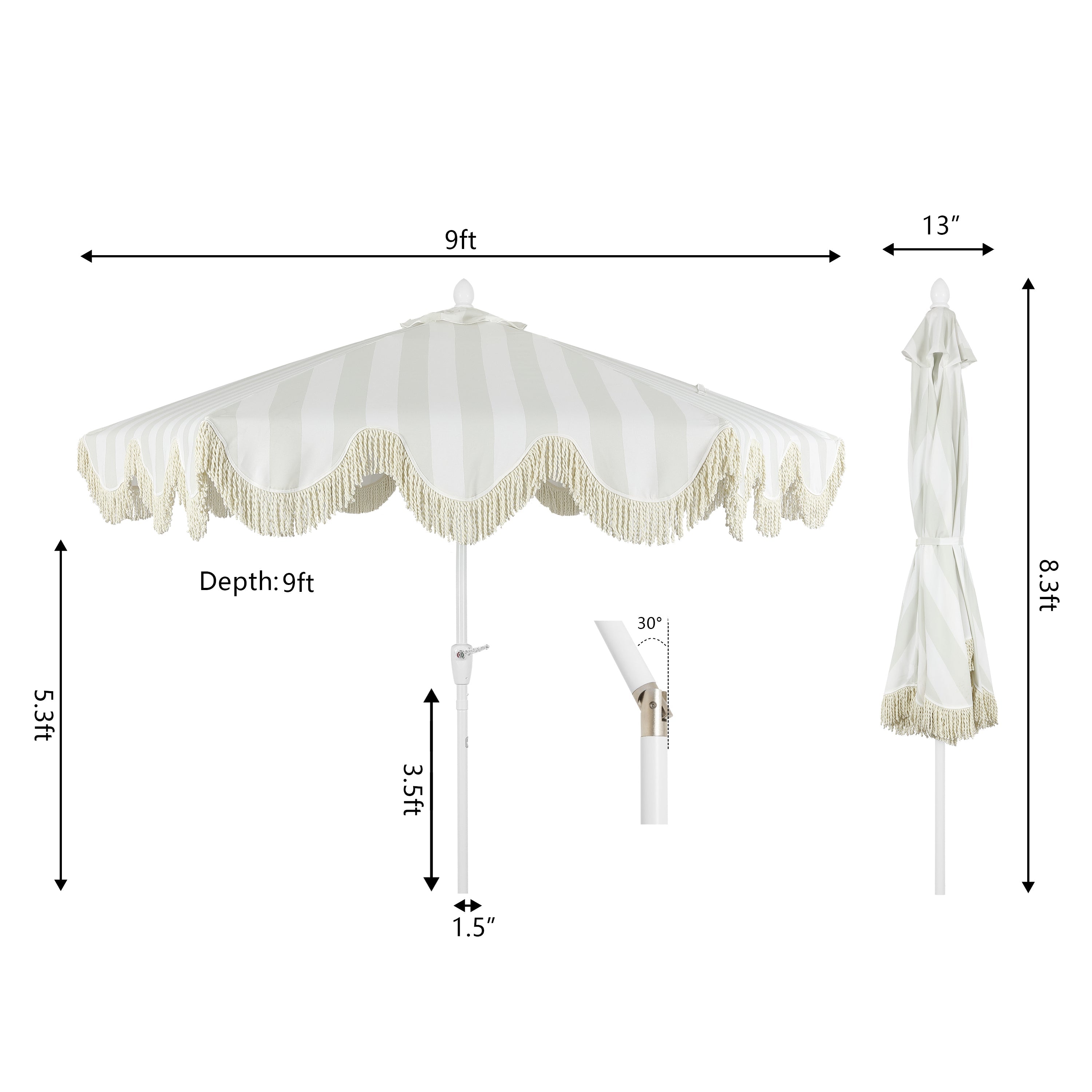 Collins 9 ft. Classic Cottage Fringe Tassel Market Patio Umbrella with Auto-Tilt Crank