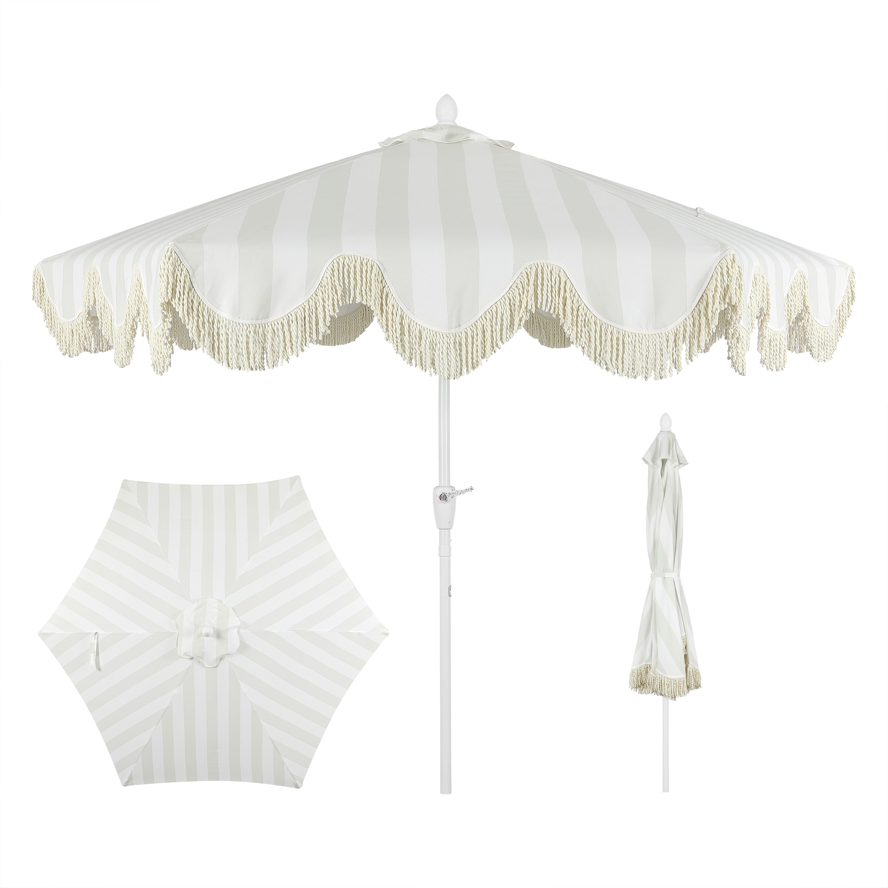 Collins 9 ft. Classic Cottage Fringe Tassel Market Patio Umbrella with Auto-Tilt Crank