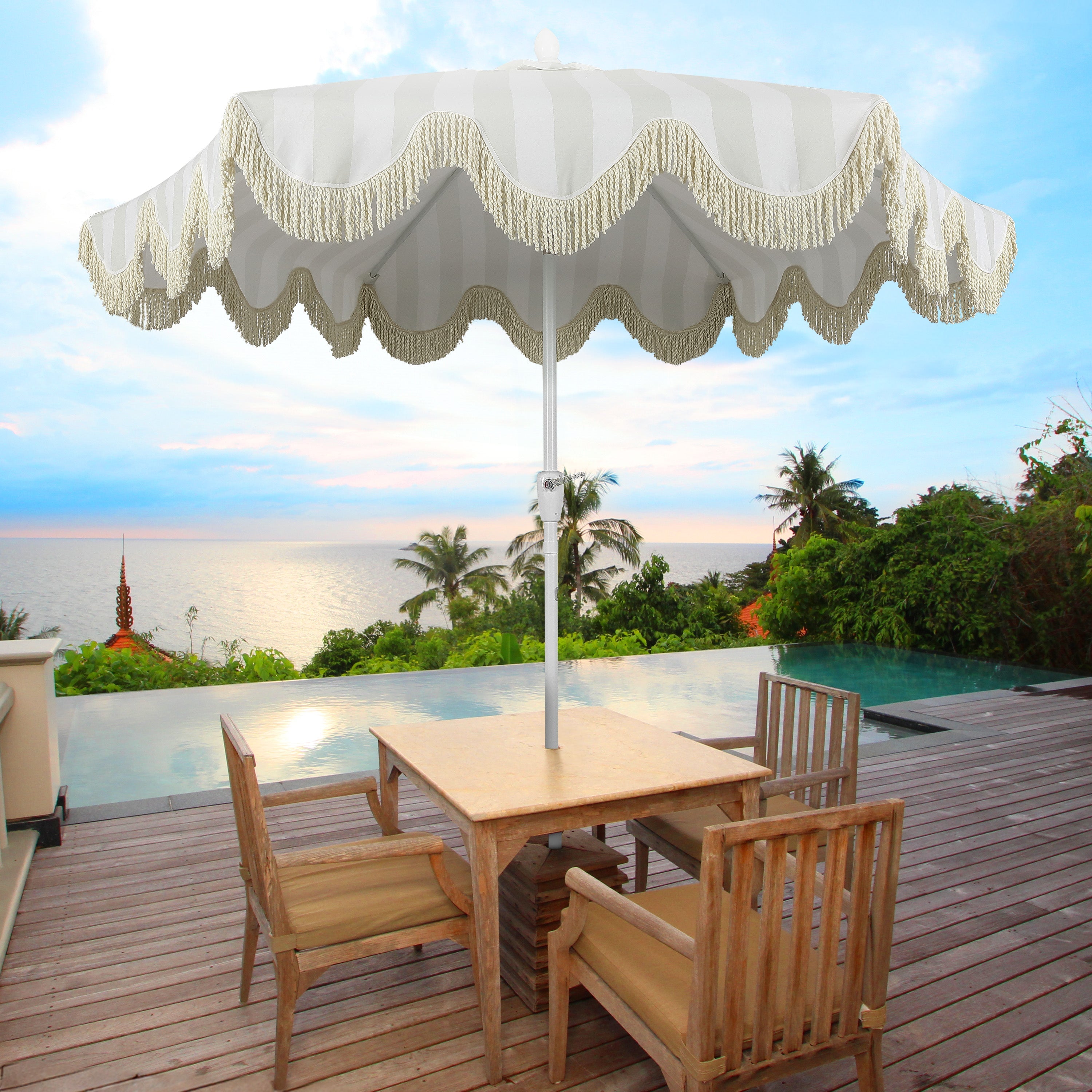 Collins 9 ft. Classic Cottage Fringe Tassel Market Patio Umbrella with Auto-Tilt Crank