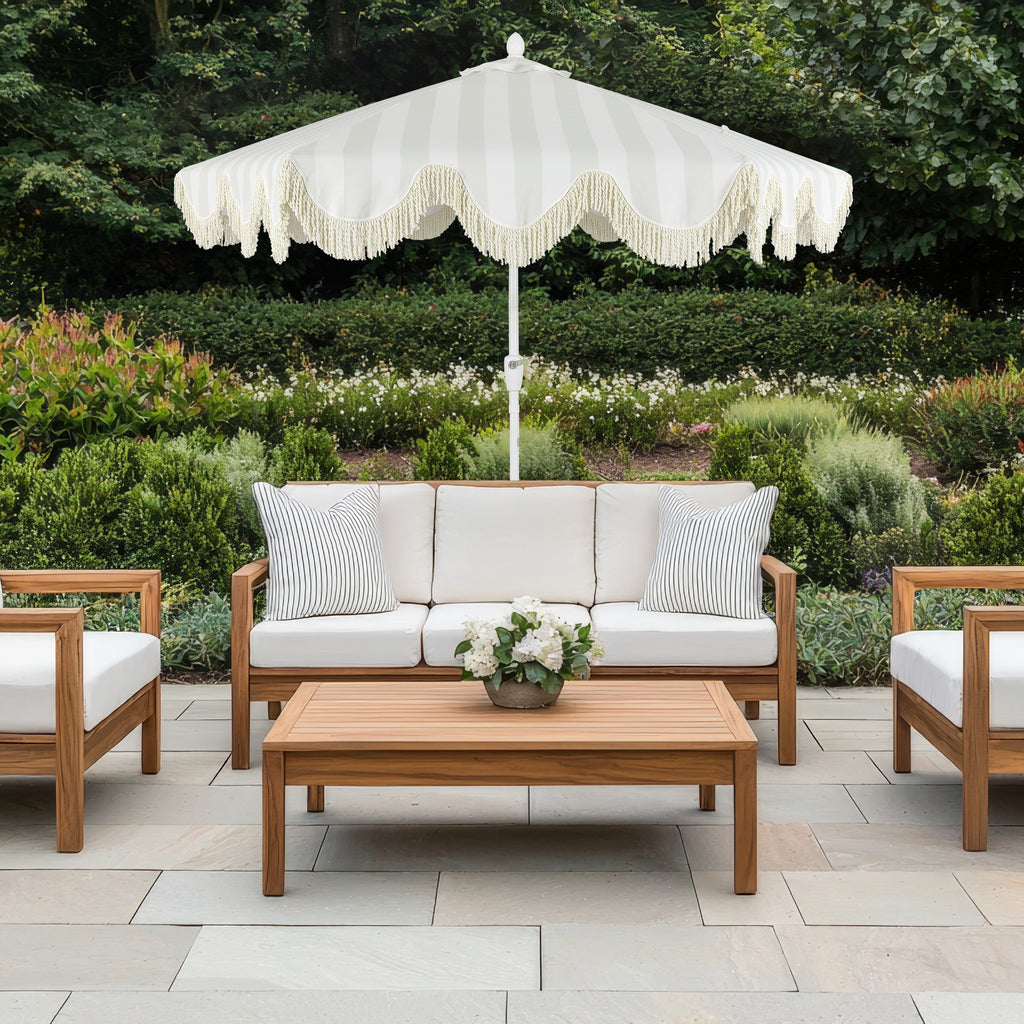 Collins 9 ft. Classic Cottage Fringe Tassel Market Patio Umbrella with Auto-Tilt Crank