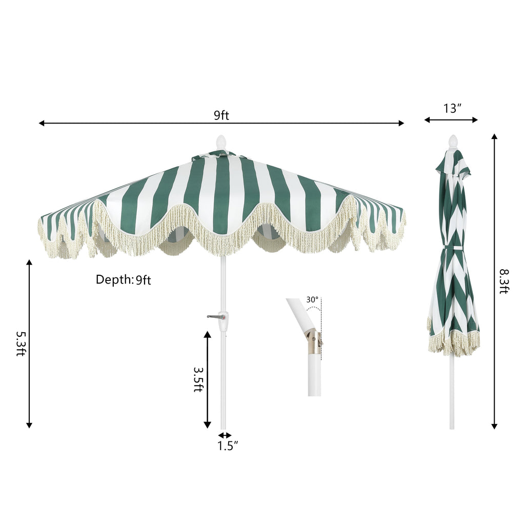 Collins 9 ft. Classic Cottage Fringe Tassel Market Patio Umbrella with Auto-Tilt Crank