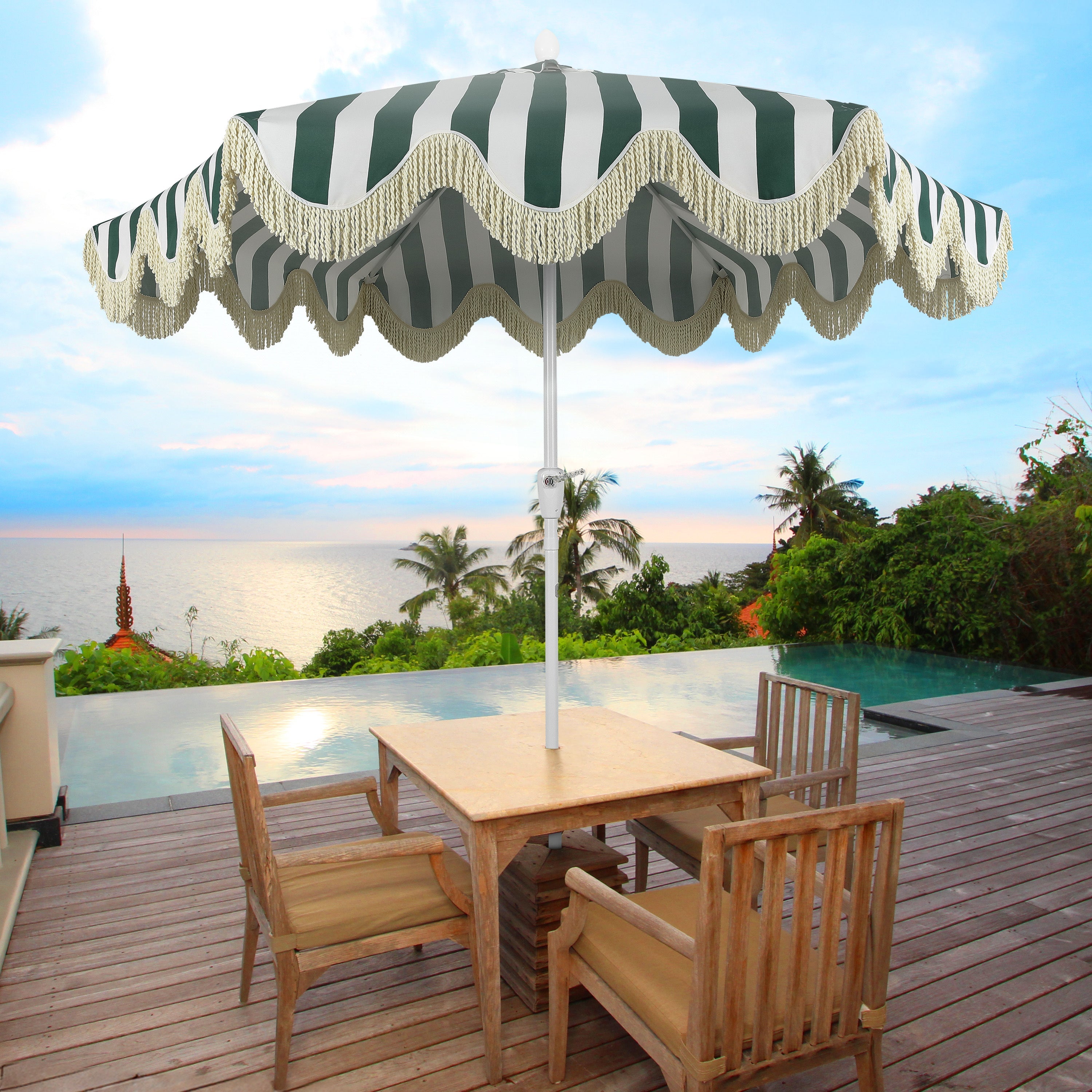 Collins 9 ft. Classic Cottage Fringe Tassel Market Patio Umbrella with Auto-Tilt Crank