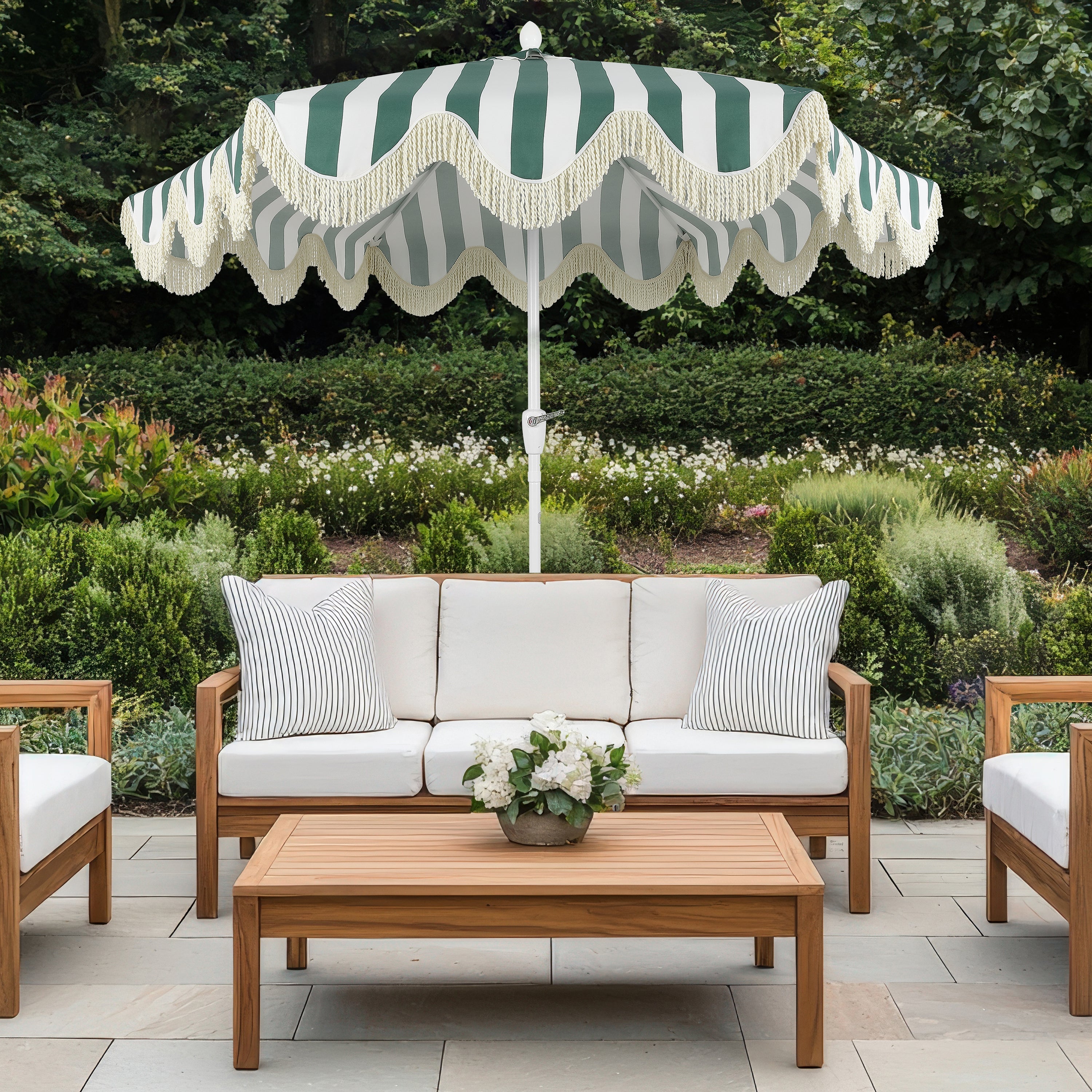 Collins 9 ft. Classic Cottage Fringe Tassel Market Patio Umbrella with Auto-Tilt Crank