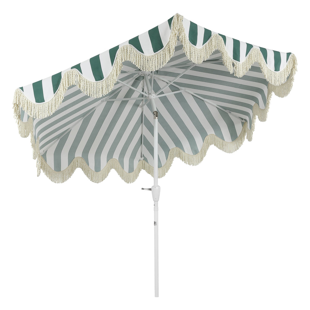 Collins 9 ft. Classic Cottage Fringe Tassel Market Patio Umbrella with Auto-Tilt Crank