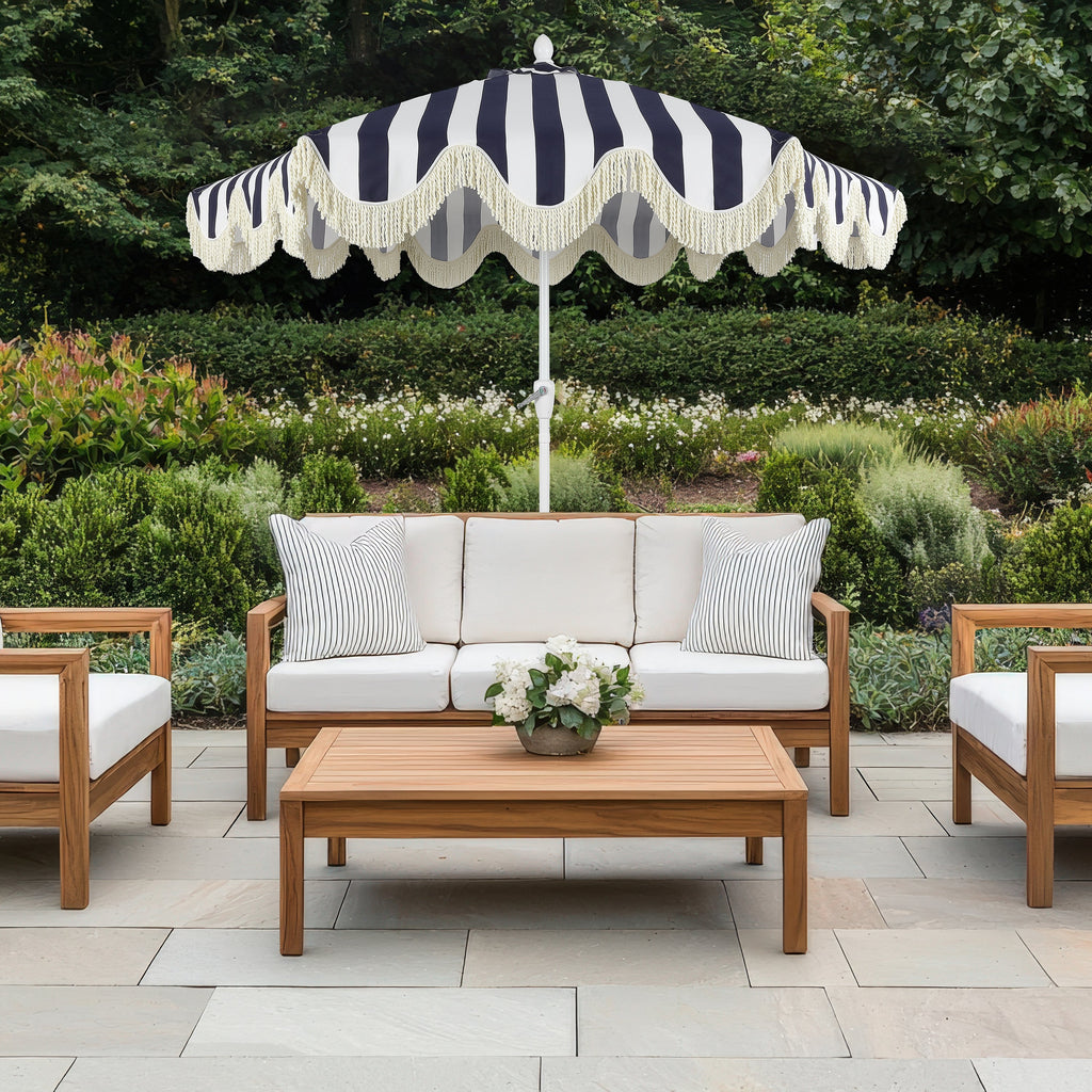 Collins 9 ft. Classic Cottage Fringe Tassel Market Patio Umbrella with Auto-Tilt Crank