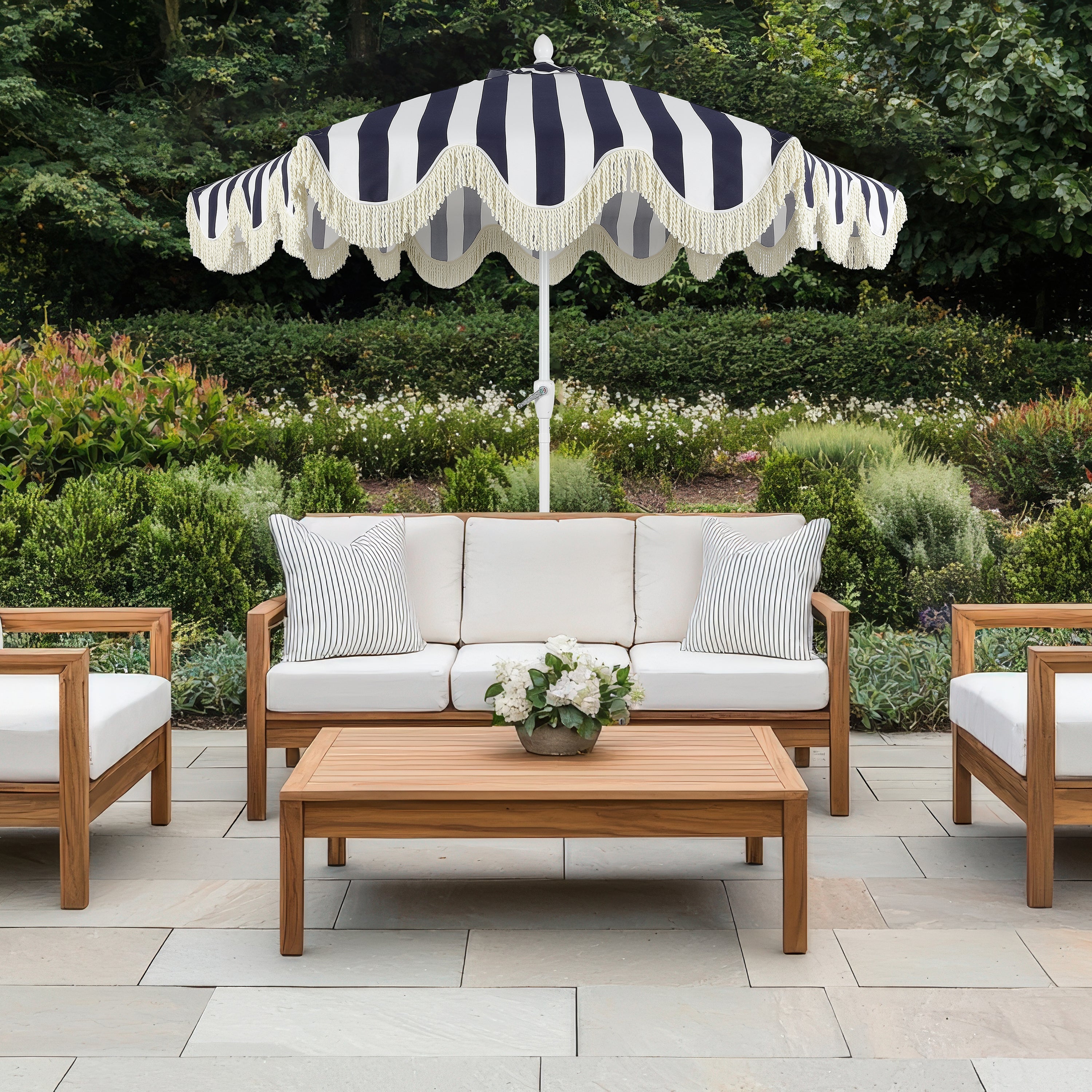 Collins 9 ft. Classic Cottage Fringe Tassel Market Patio Umbrella with Auto-Tilt Crank