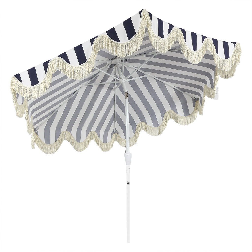 Collins 9 ft. Classic Cottage Fringe Tassel Market Patio Umbrella with Auto-Tilt Crank