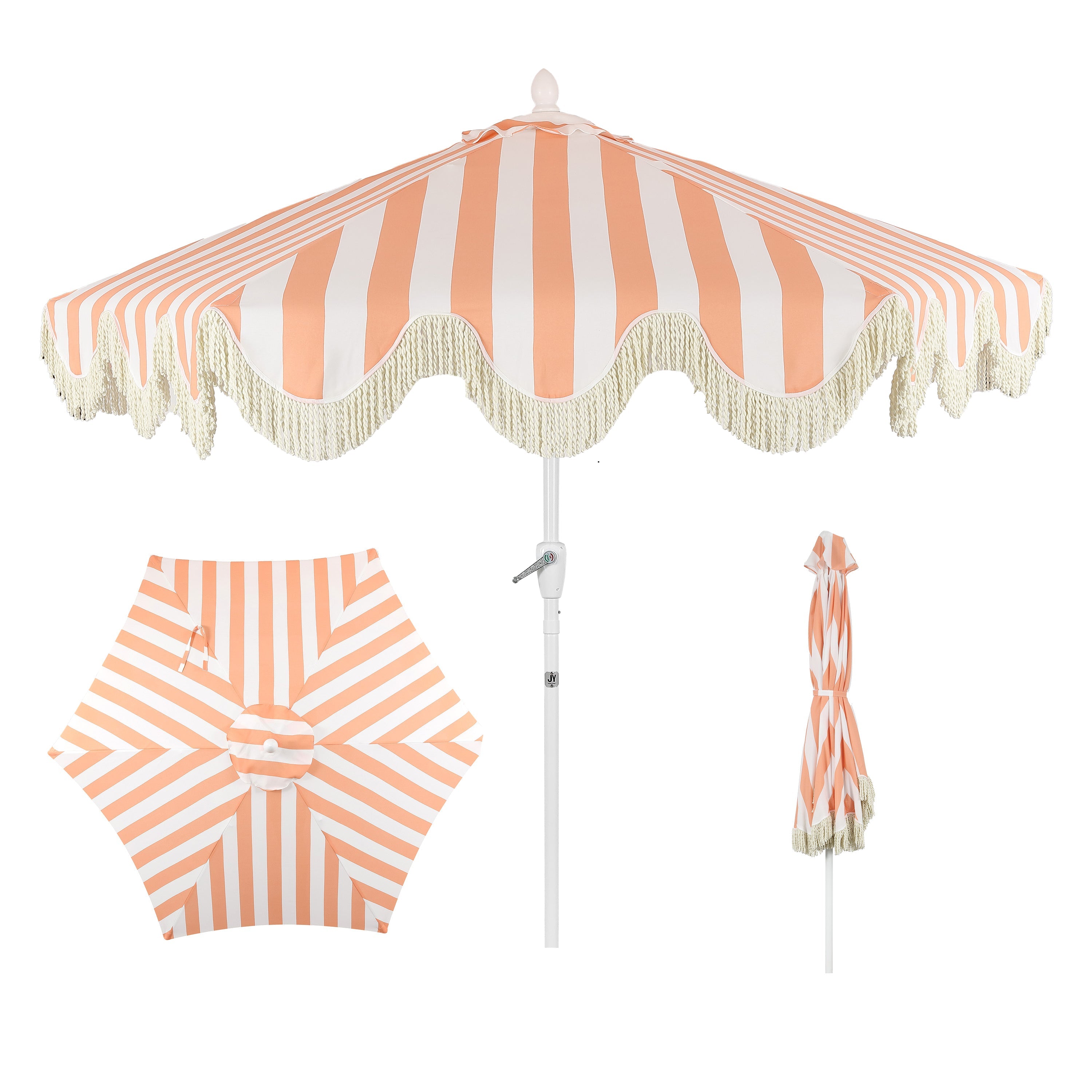 Collins 9 ft. Classic Cottage Fringe Tassel Market Patio Umbrella with Auto-Tilt Crank