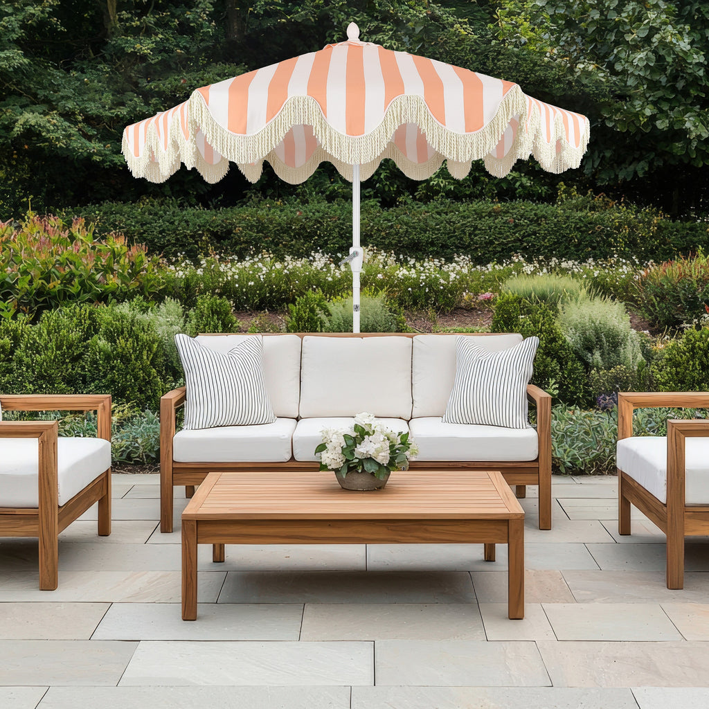 Collins 9 ft. Classic Cottage Fringe Tassel Market Patio Umbrella with Auto-Tilt Crank