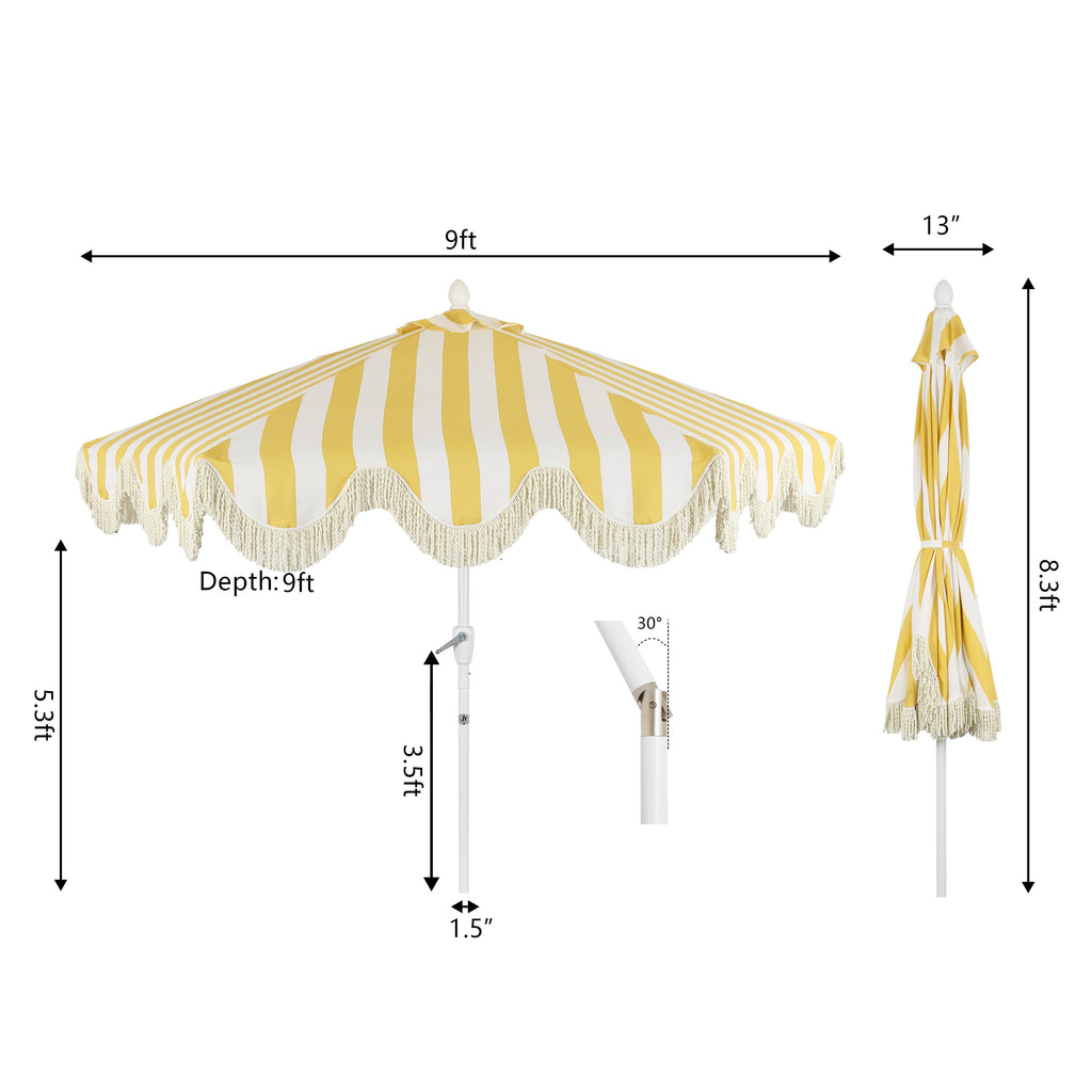 Collins 9 ft. Classic Cottage Fringe Tassel Market Patio Umbrella with Auto-Tilt Crank
