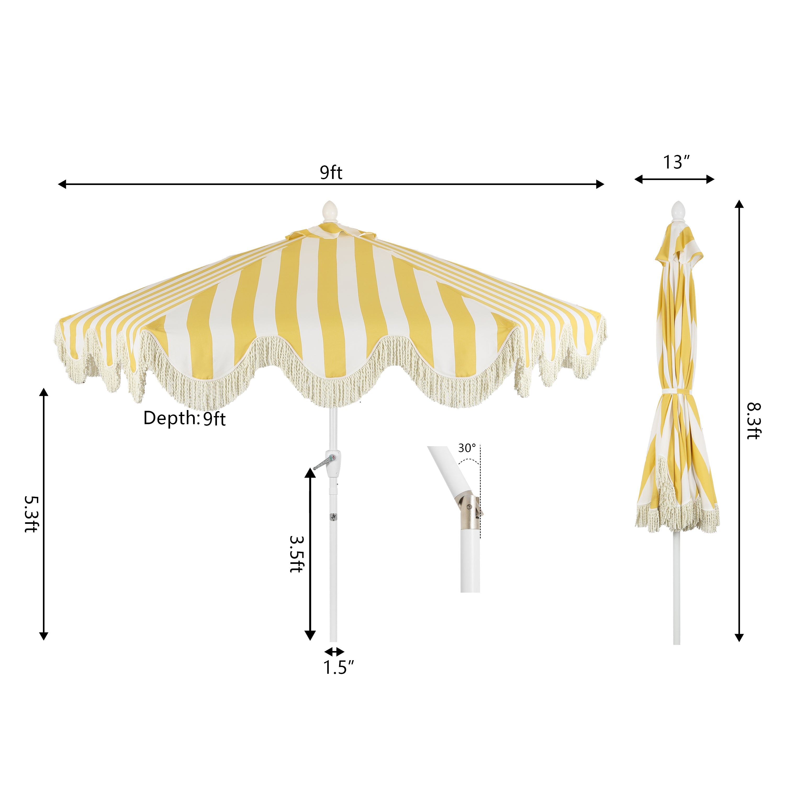 Collins 9 ft. Classic Cottage Fringe Tassel Market Patio Umbrella with Auto-Tilt Crank