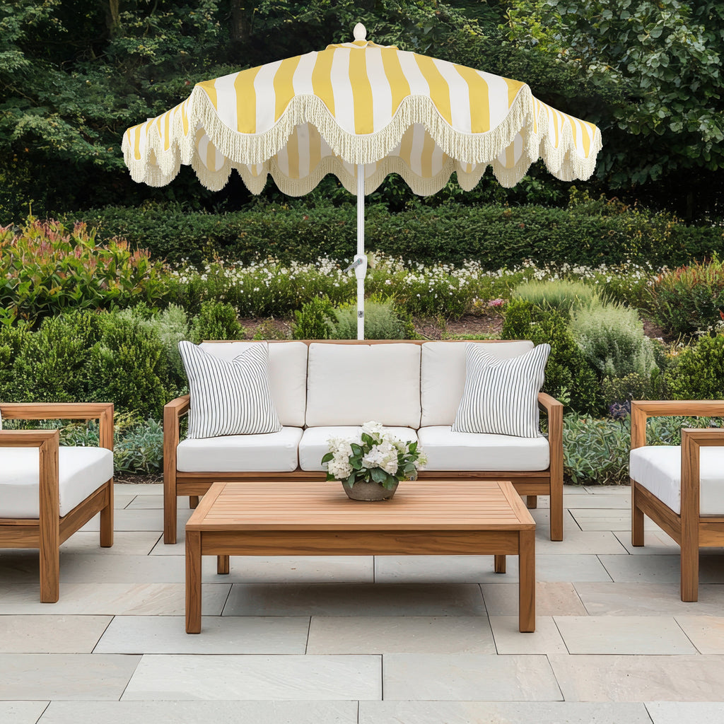 Collins 9 ft. Classic Cottage Fringe Tassel Market Patio Umbrella with Auto-Tilt Crank
