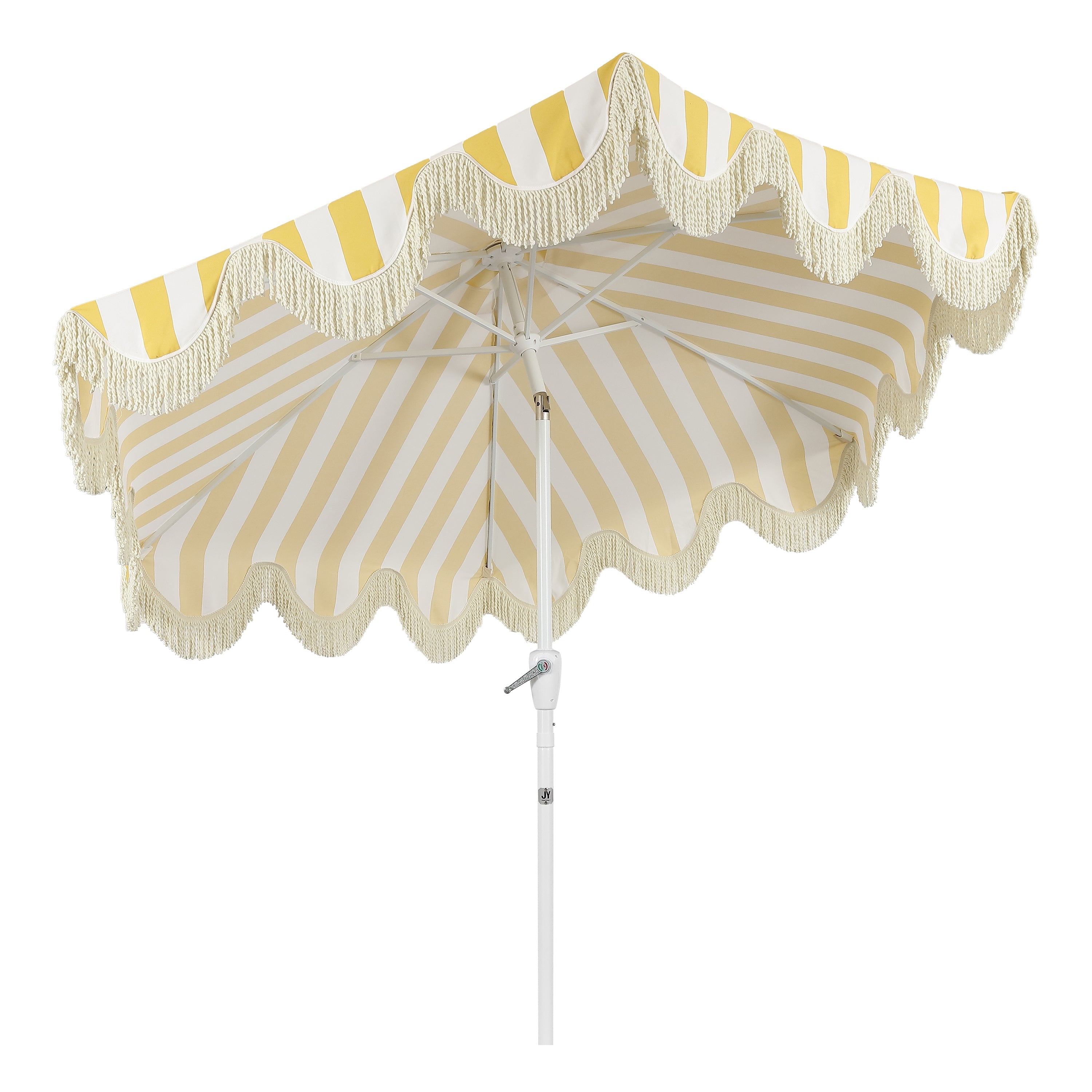 Collins 9 ft. Classic Cottage Fringe Tassel Market Patio Umbrella with Auto-Tilt Crank