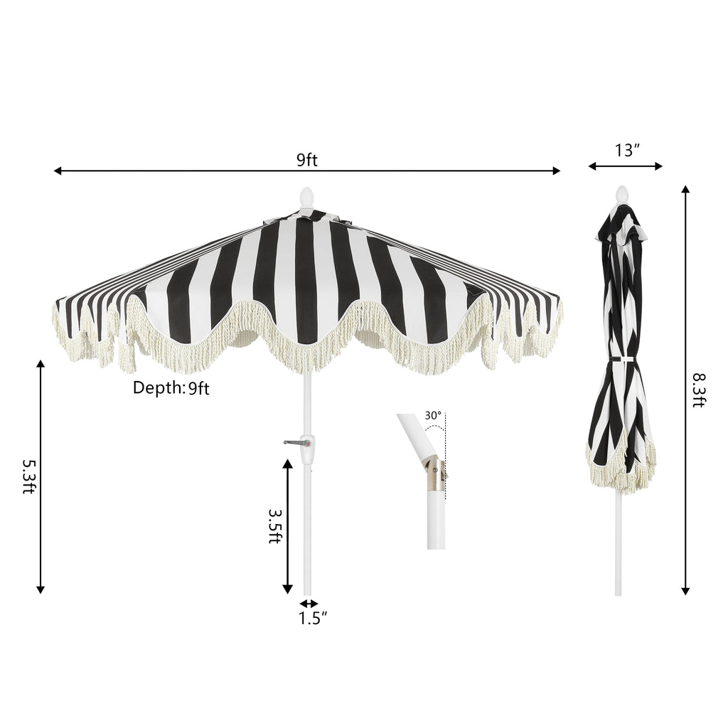 Collins 9 ft. Classic Cottage Fringe Tassel Market Patio Umbrella with Auto-Tilt Crank