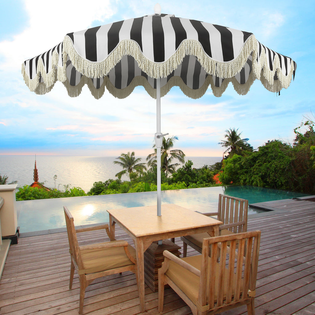 Collins 9 ft. Classic Cottage Fringe Tassel Market Patio Umbrella with Auto-Tilt Crank